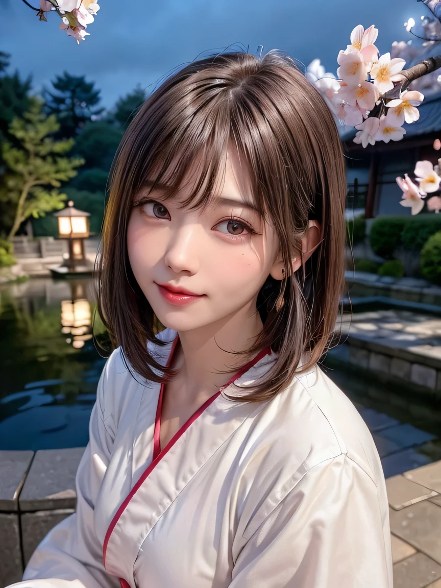 (highest quality:1.4、Add intense highlights to your eyes:1.4、short and shiny hair:1.4 )、1 girl、alone、short black hair、scarf、light brown eyes、droopy eyes:1.5、short hair、Jacket、coat、Winter clothes、hat、lips、lip gloss:1.4、bangs、closed mouth、Big eyes、eyelash、((street))、((bangsのあるshort hair:1.4、Big eyes、Gives a very strong highlight to the eyes、thin waist、very beautiful beauty、show me your ears、long neck、beautiful teeth、smile a little、Please close your mouth and smile))、Beautiful adult woman full of charm:1.4、(By the pond of a Japanese garden decorated with cherry blossoms at night、A woman in a kimono is sitting straight。The weeping cherry blossoms in the background and the illuminated rockery create an atmosphere.、)、(The woman is looking straight into the camera lens)、perfect anatomy