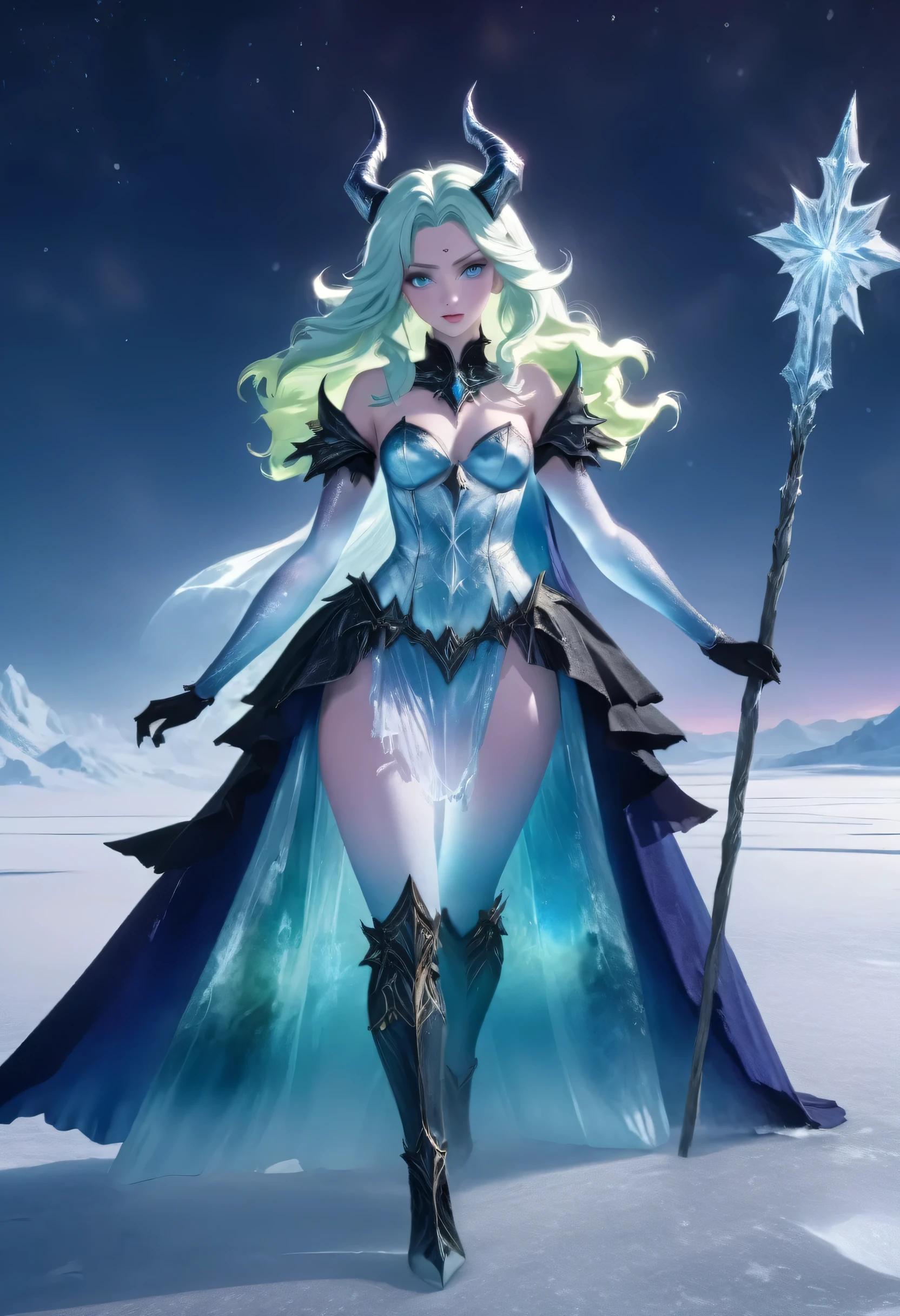 (8k, highest quality, masterpiece: 1.2), (realistic, realistic: 1.37), Super detailed, an ice female demon、Standing in the frozen snow field、Witch wearing pale armor, ((sexy costume:1)), SEXY female devil, ((aurora in the night sky)), 