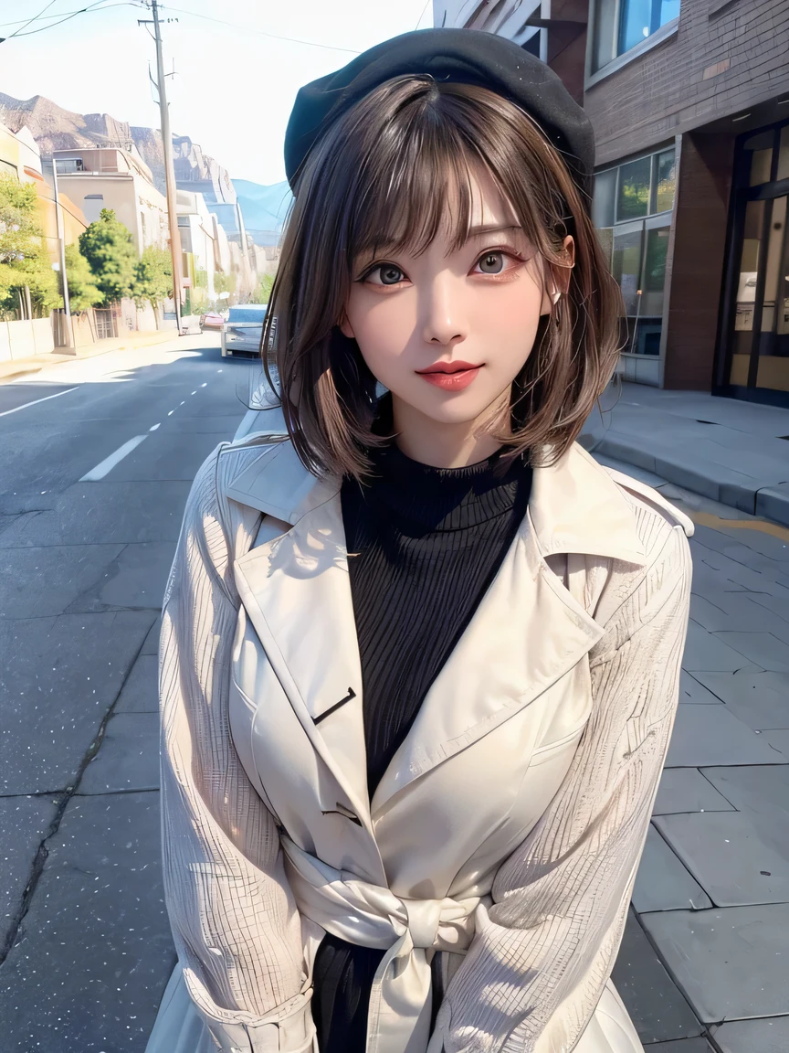 (highest quality:1.4、Add intense highlights to your eyes:1.4、short and shiny hair:1.4 )、1 girl、alone、short black hair、scarf、light brown eyes、droopy eyes:1.5、short hair、Jacket、coat、Winter clothes、hat、lips、lip gloss:1.4、bangs、closed mouth、Big eyes、eyelash、((street))、((bangsのあるshort hair:1.4、Big eyes、Gives a very strong highlight to the eyes、thin waist、very beautiful beauty、show me your ears、long neck、beautiful teeth、smile a little、Please close your mouth and smile))、Beautiful adult woman full of charm:1.4、(ride a quad bike、A woman runs through the dry landscape of Utah。A spectacular view of the red Sounkyo gorge towers in the distance.、)、(The woman is looking straight into the camera lens)、perfect anatomy