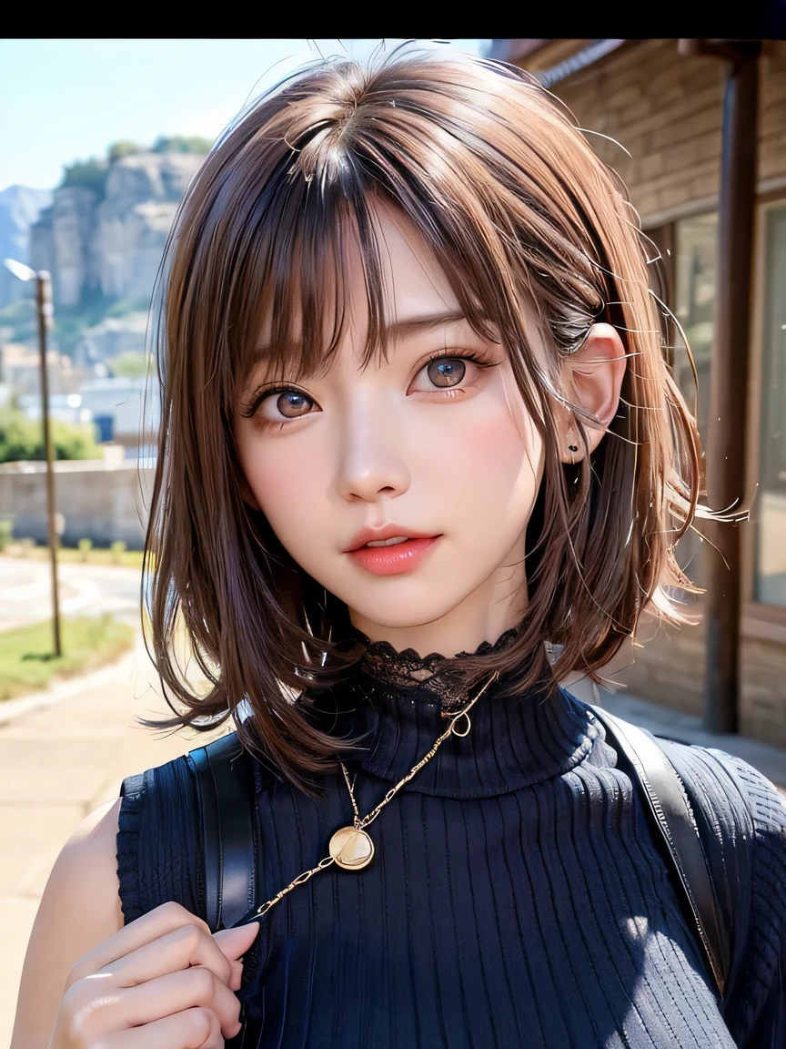 (highest quality:1.4、Add intense highlights to your eyes:1.4、short and shiny hair:1.4 )、1 girl、alone、short black hair、scarf、light brown eyes、droopy eyes:1.5、short hair、Jacket、coat、Winter clothes、hat、lips、lip gloss:1.4、bangs、closed mouth、Big eyes、eyelash、((street))、((bangsのあるshort hair:1.4、Big eyes、Gives a very strong highlight to the eyes、thin waist、very beautiful beauty、show me your ears、long neck、beautiful teeth、smile a little、Please close your mouth and smile))、Beautiful adult woman full of charm:1.4、(ride a quad bike、A woman runs through the dry landscape of Utah。A spectacular view of the red Sounkyo gorge towers in the distance.、)、(The woman is looking straight into the camera lens)、perfect anatomy