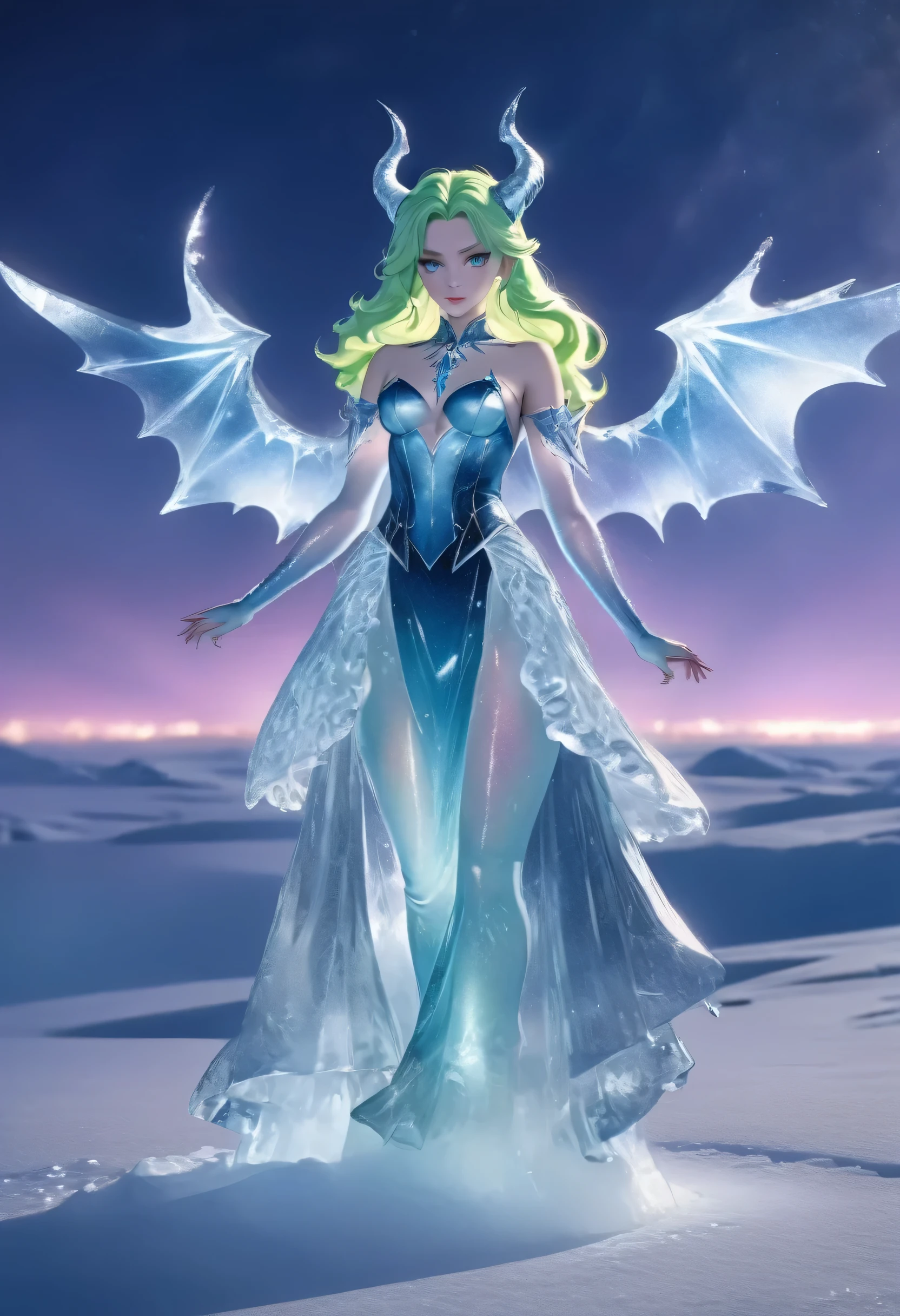 (8k, highest quality, masterpiece: 1.2), (realistic, realistic: 1.37), Super detailed, an ice female demon、Standing in the frozen snow field、Witch wearing pale armor, ((sexy costume:1)), SEXY female devil, ((aurora in the night sky)), 