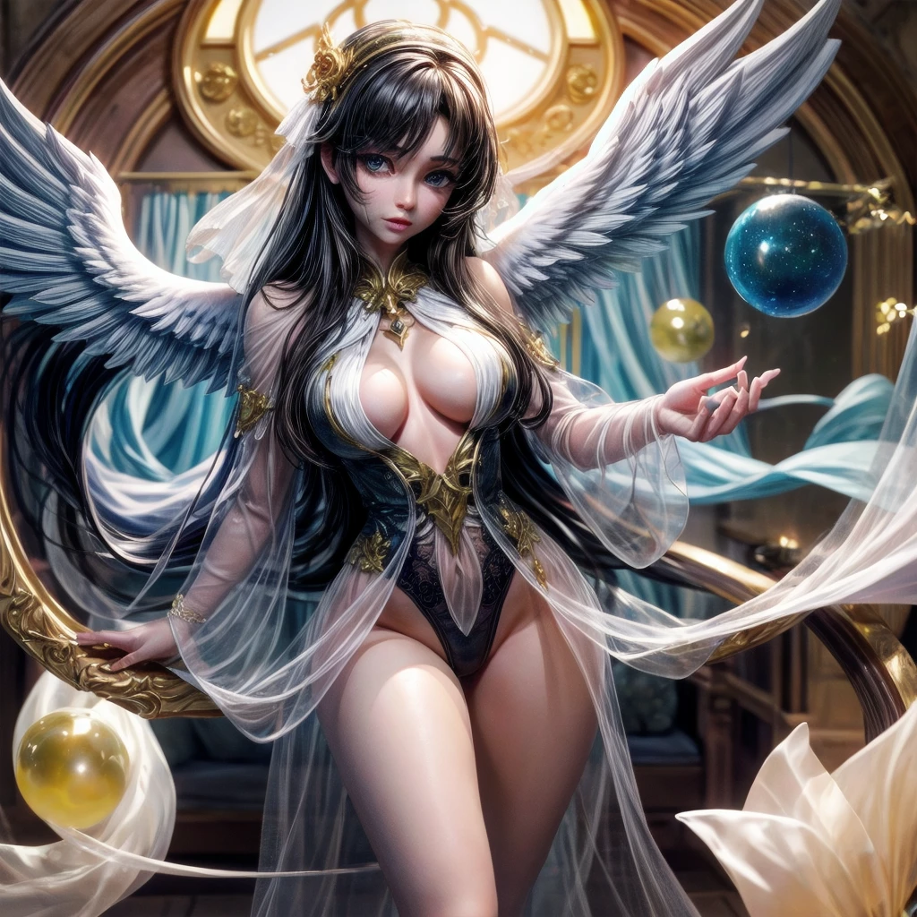heavenly place, angel female, very lightly, sensual attire, translucent attire, alluring glaze, alluring pose, (softly nudity:0.9)