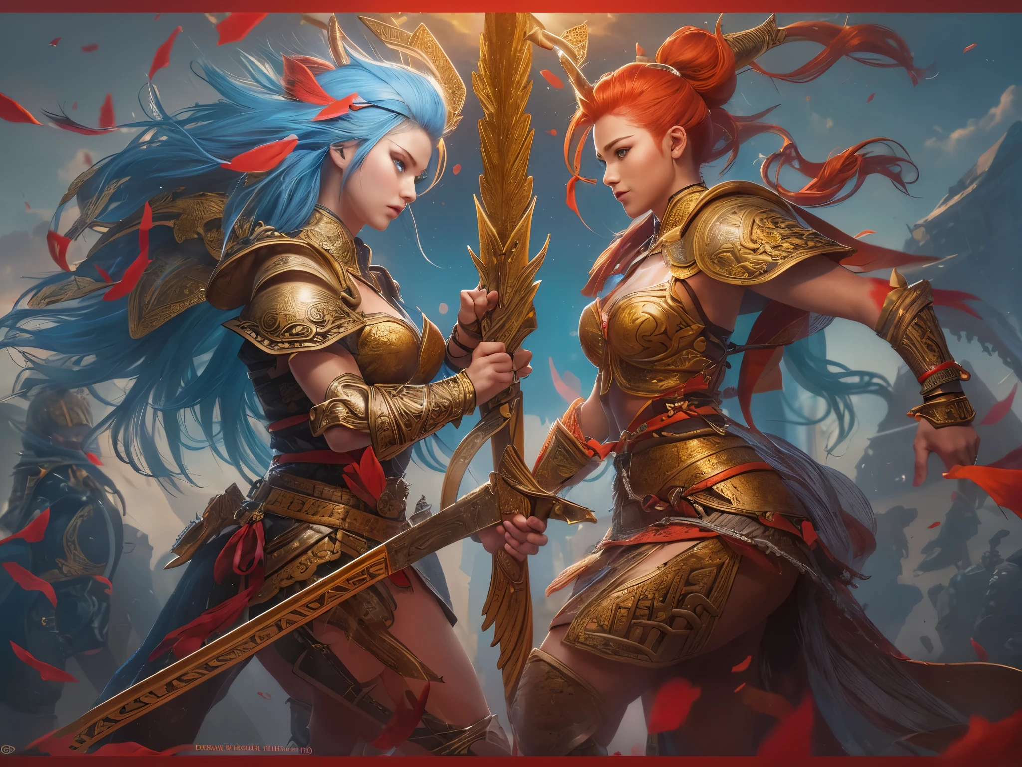 ((highest quality)),(ultra high resolution),(Super detailed),(detailed description),((best CG)),(best work of art),super precision art,amazing drawing art,(Fantasy art with precise details:1.5), ((two female warriors:1.8)),dynamic pose:1.5, (red short hair female warrior:1.5),(A strong and beautiful face:1.3), (female warrior with long blue hair:1.5), ((Dynamic combination technique:1.8)),explosive flame,diffusion,impact