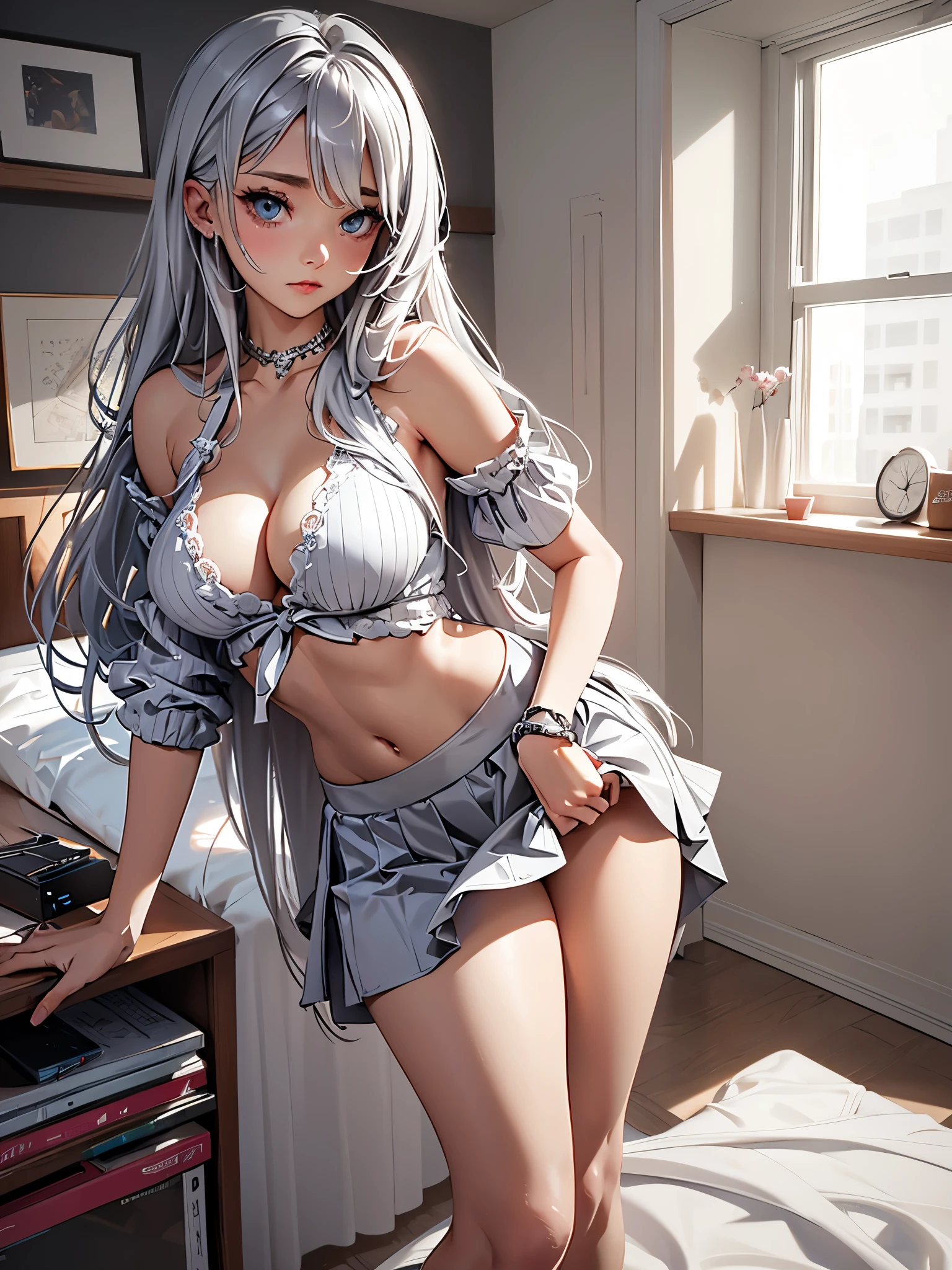 long silver hair,Erotic clothes that show your stomach,apartment room,big breasts,The cleavage is fully visible,Mini skirt that shows underwear