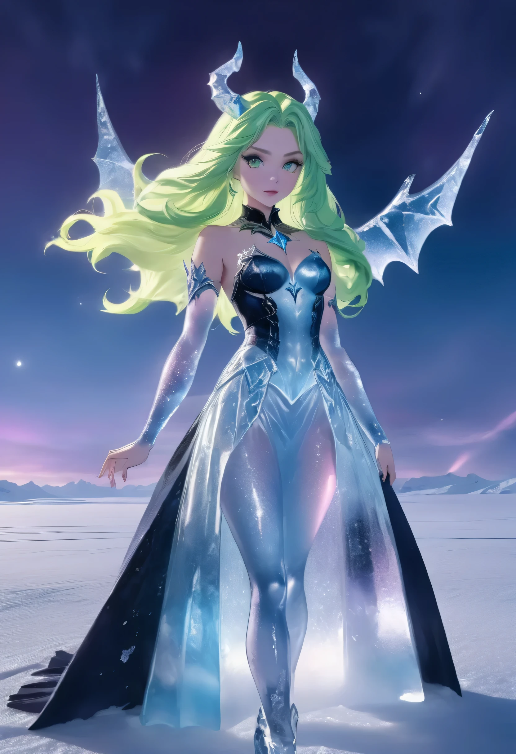 (8k, highest quality, masterpiece: 1.2), (realistic, realistic: 1.37), Super detailed, an ice female demon、Standing in the frozen snow field、Witch wearing pale armor, ((sexy costume:1)), SEXY female devil, ((aurora in the night sky)),