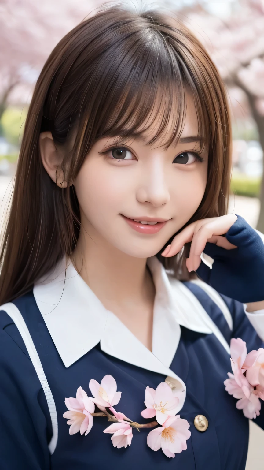 one girl, (a beauty girl, delicate girl:1.3), (18-year-old:1.3),
break, (spring, cute uniform:1.3),
break, (Street view:1.3), (cherry blossoms fall:1.3), (wool gloves), perfectly trimmed fingers,
break, very fine resolution, (symmetrical eyes:1.3),
break, small breasts, brown eyes, parted bangs, brown hair, girl,
break, (Eye and face details:1.0), (get closer to the face, enlarge the face, face focus:1.0),close up of face,
break, (masterpiece, highest quality, Super detailed, detailed face, 8K),SakuraFubuki,cherry blossom petals,smile,random pose、blue eyes、white gloves,ponytail、SakuraFubuki、gloves、break,dynamic pose,smile、horizontally in front of your face、beautiful hands、correct movement