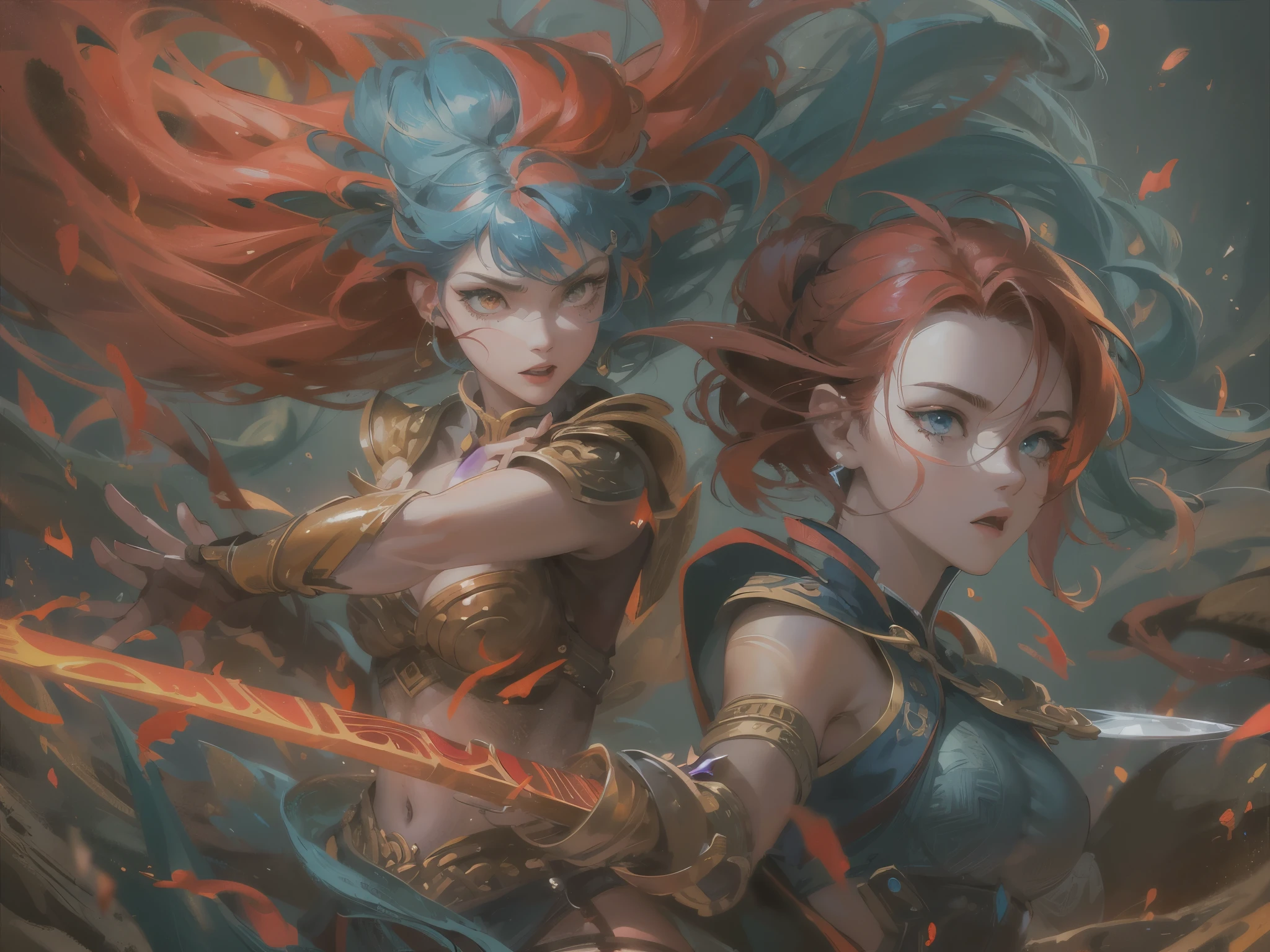 ((highest quality)),(ultra high resolution),(Super detailed),(detailed description),((best CG)),(best work of art),super precision art,amazing drawing art,(Fantasy art with precise details:1.5), ((two female warriors:1.8)),dynamic pose:1.5, (red short hair female warrior:1.5),(A strong and beautiful face:1.3), (female warrior with long blue hair:1.5), ((Dynamic combination technique:1.8)),explosive flame,diffusion,impact