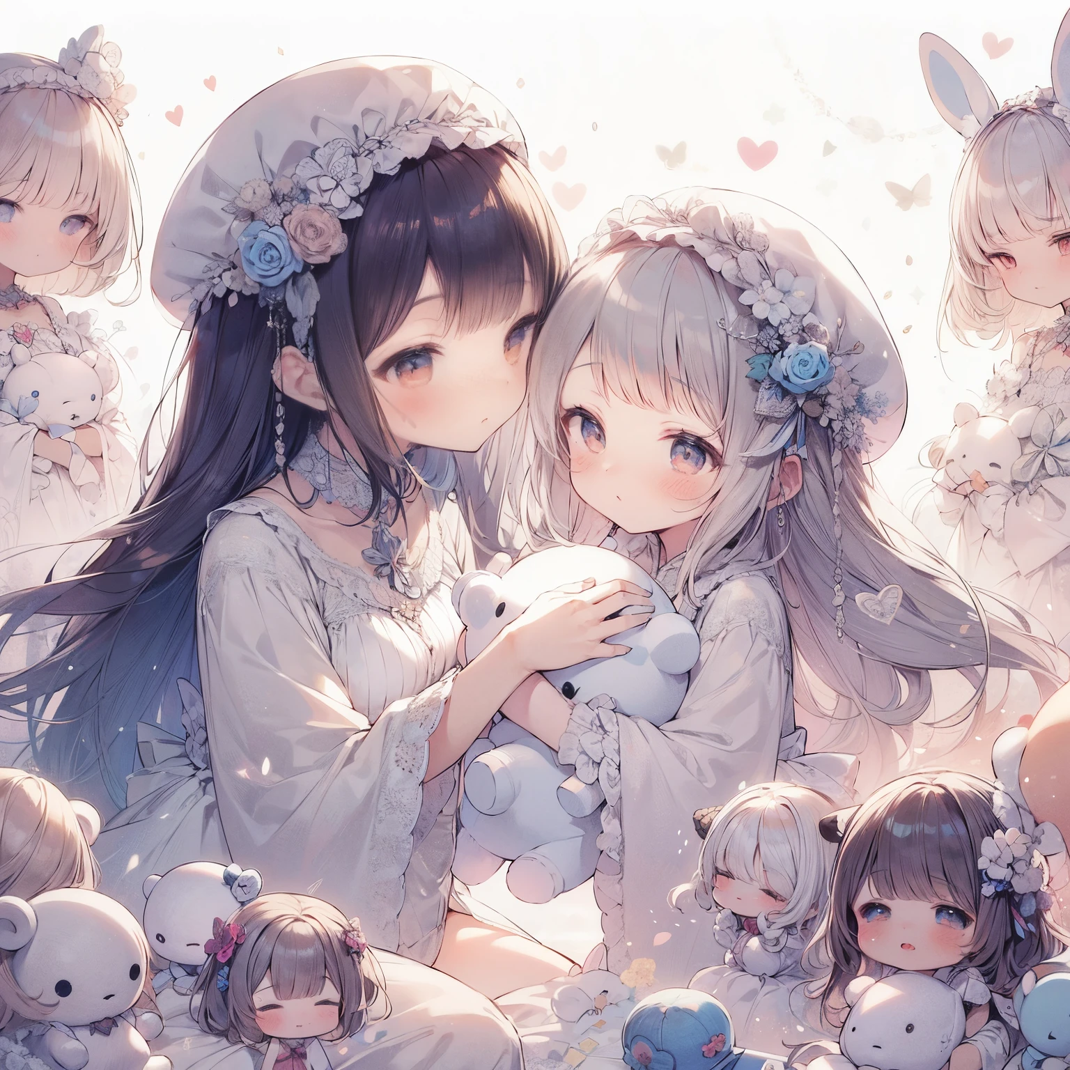 Anime image of two girls with teddy bears and bunny ears, cute anime, two beautiful anime girl, Gweiz, artwork in the style of Gweiz, anime girl, soft anime illustration, Gweiz on pixiv artstation, anime art wallpaper 4k, anime art wallpaper 4k, anime art wallpaper 8k, nice and cute