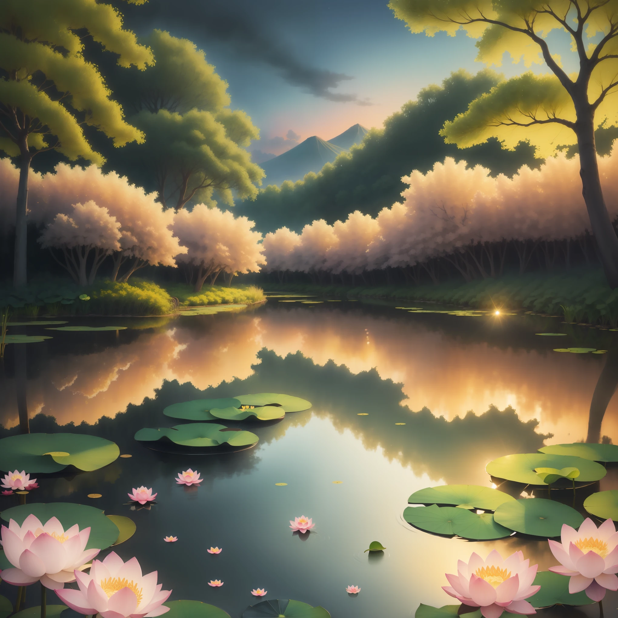 A pond at dusk, sun setting, shimmering water surface, blooming lotus flowers, frog croaking, gentle breeze, fish swimming, swaying lotus leaves, evening glow in the sky, gradually darkening sky, willow trees swaying, lush grass, picturesque scenery, tranquil and serene,illustrated,watercolor,highres,masterpiece:1.2,ultra-detailed,realistic,studio lighting,professional,vivid colors,pastel colors,soft lighting,peaceful