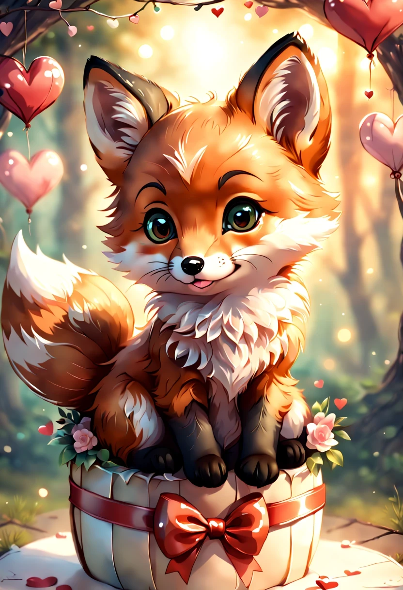 best quality fantasy art of an adorable baby Fox, ribbon, heart, light bokeh, kawaii Valentine scene
