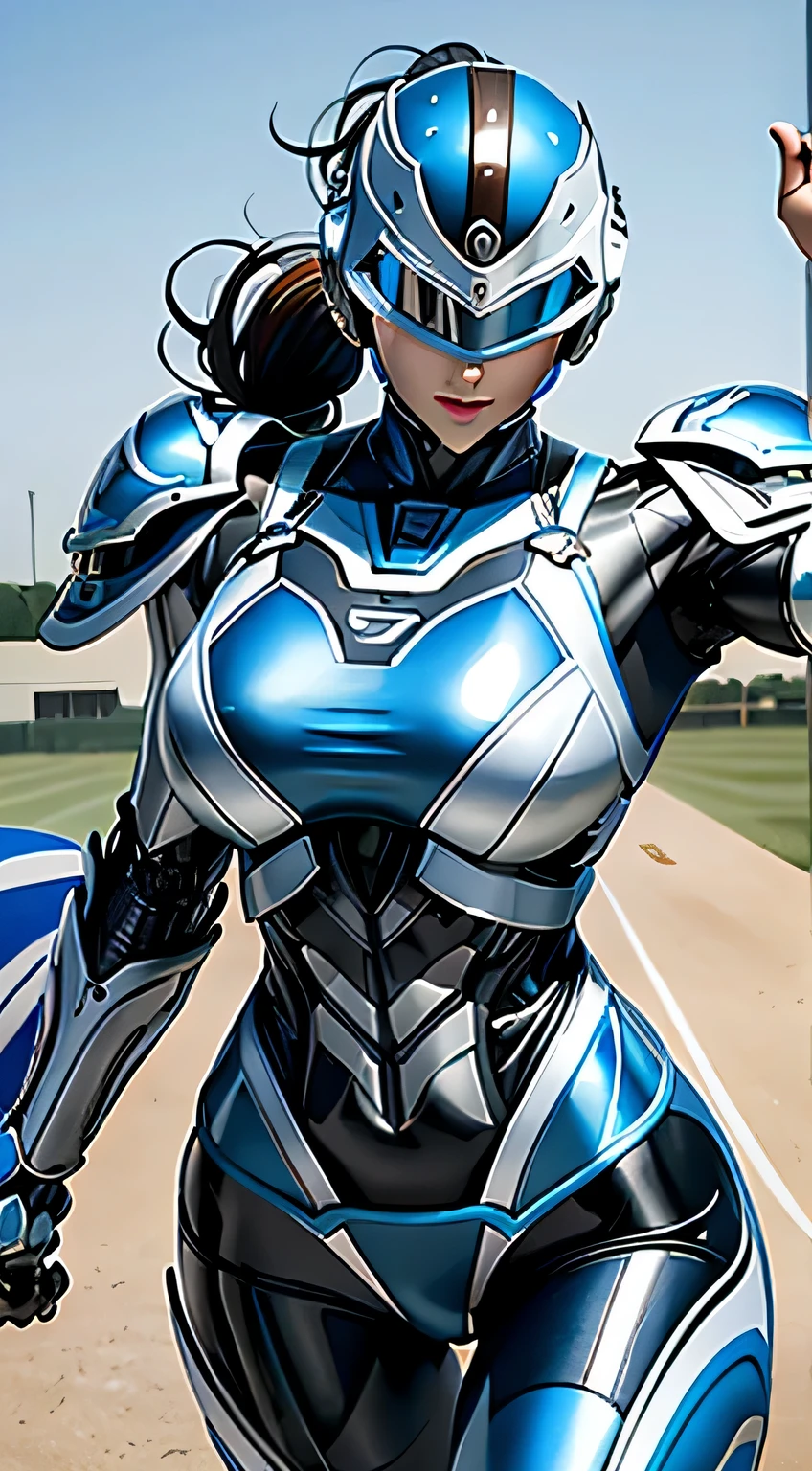 female robocop solo、bright outdoors、strong light source、8K, high quality, masterpiece, 最high quality, sharp contrast、very detailed、Armor that completely covers the whole body、very large armor、Helmet covering the head、clear pictures、Eyes hidden by thin straight goggles:1.3、The lower half of the face is raw:1.5、The lower half of the face is exposed、luscious lips、Sky blue and white metallic armor、Armor that completely covers the chest、thin and long legs、Vibrant posel body view,big and full breasts:1.5, (sports body:1.5)、five fingers、photos around town
