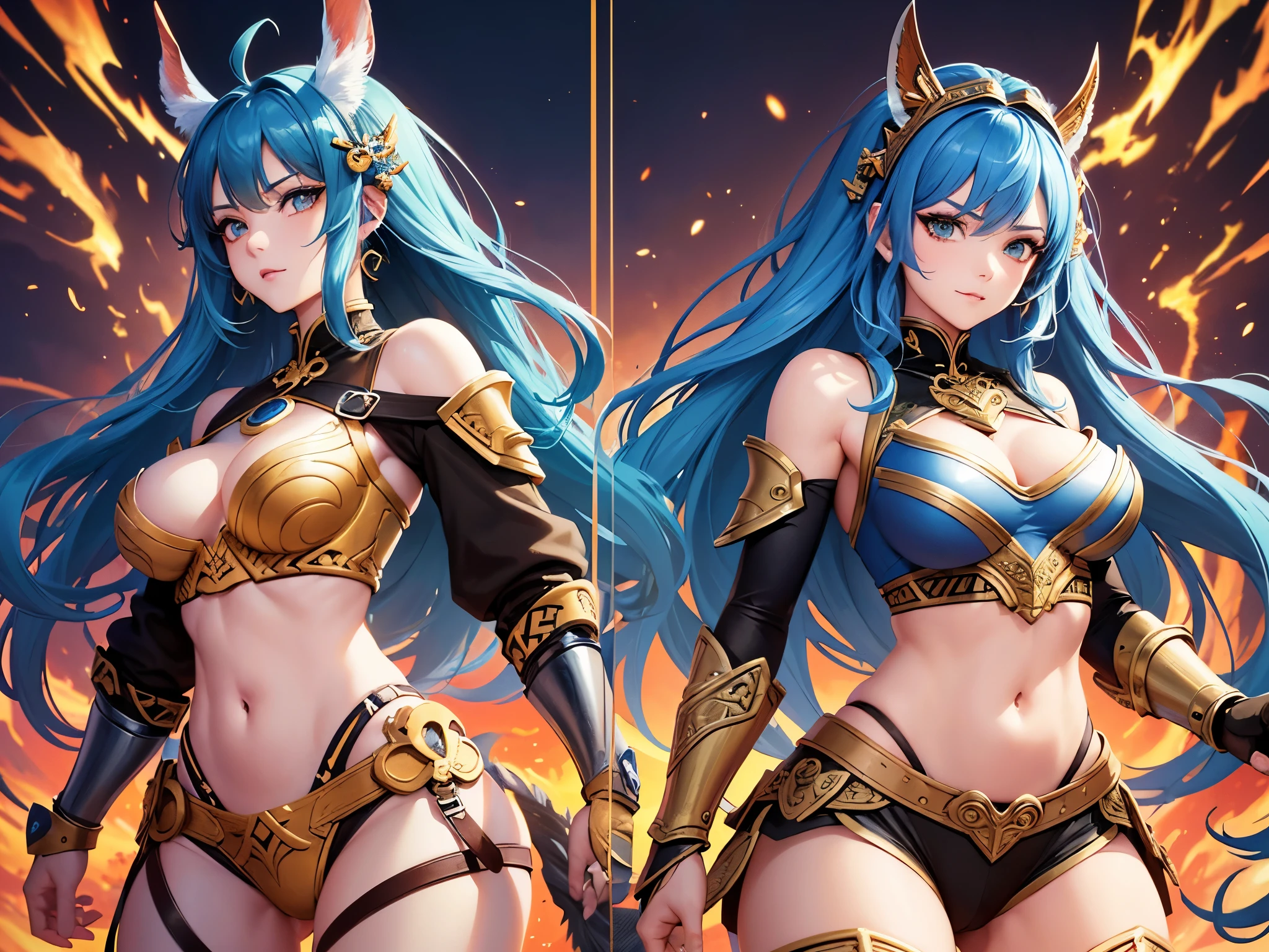 ((highest quality)),(ultra high resolution),(Super detailed),(detailed description),((best CG)),(best work of art),super precision art,amazing drawing art,(Fantasy art with precise details:1.5), ((two female warriors:1.8)),dynamic pose:1.5, (red short hair female warrior:1.5),(A strong and beautiful face:1.3), (female warrior with long blue hair:1.5), ((Dynamic combination technique:1.8)),explosive flame,diffusion,impact