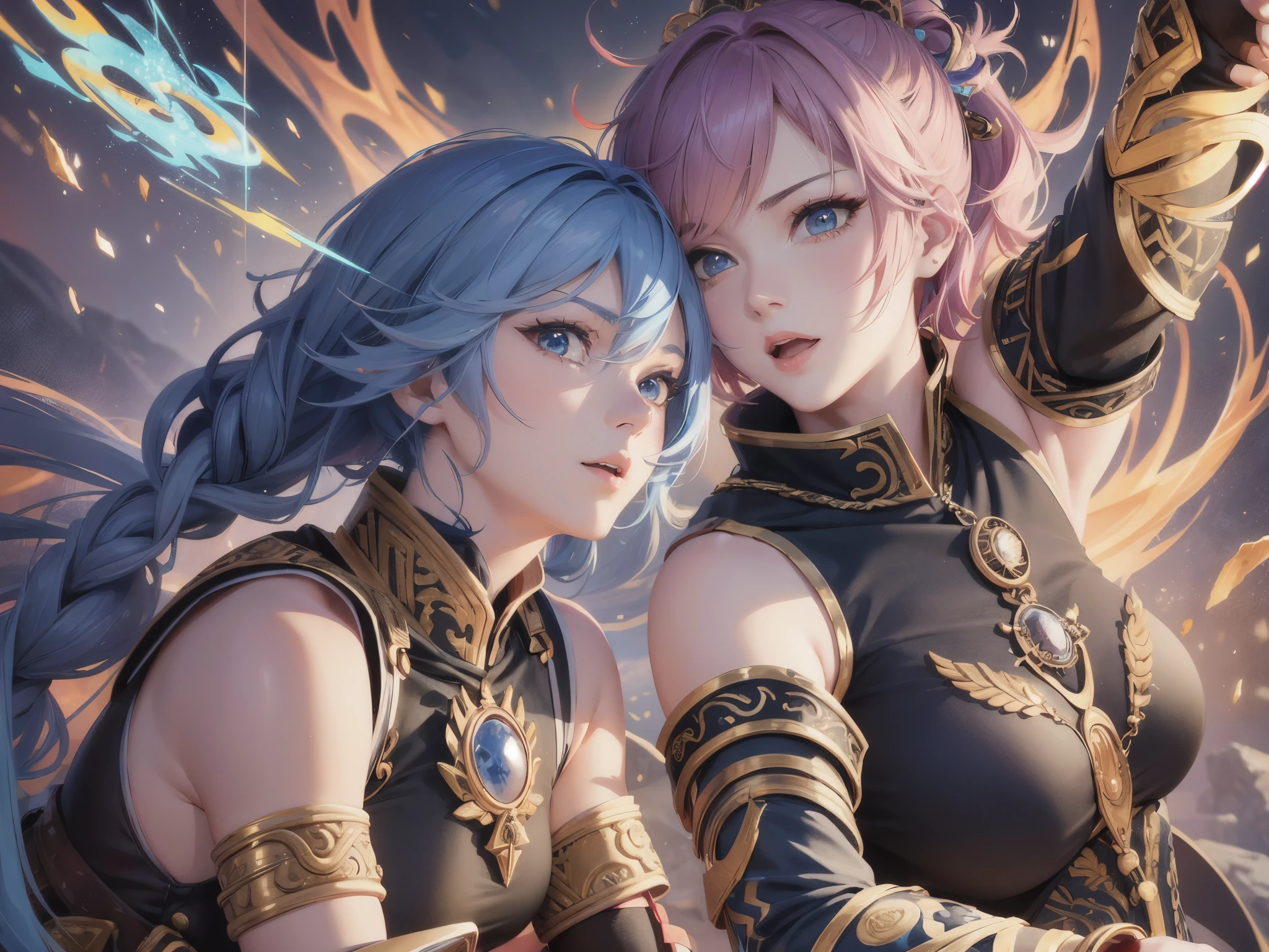 ((highest quality)),(ultra high resolution),(Super detailed),(detailed description),((best CG)),(best work of art),super precision art,amazing drawing art,(Fantasy art with precise details:1.5), ((two female warriors:1.8)),dynamic pose:1.5, (red short hair female warrior:1.5),(A strong and beautiful face:1.3), (female warrior with long blue hair:1.5), ((Dynamic combination technique:1.8)),explosive flame,diffusion,impact