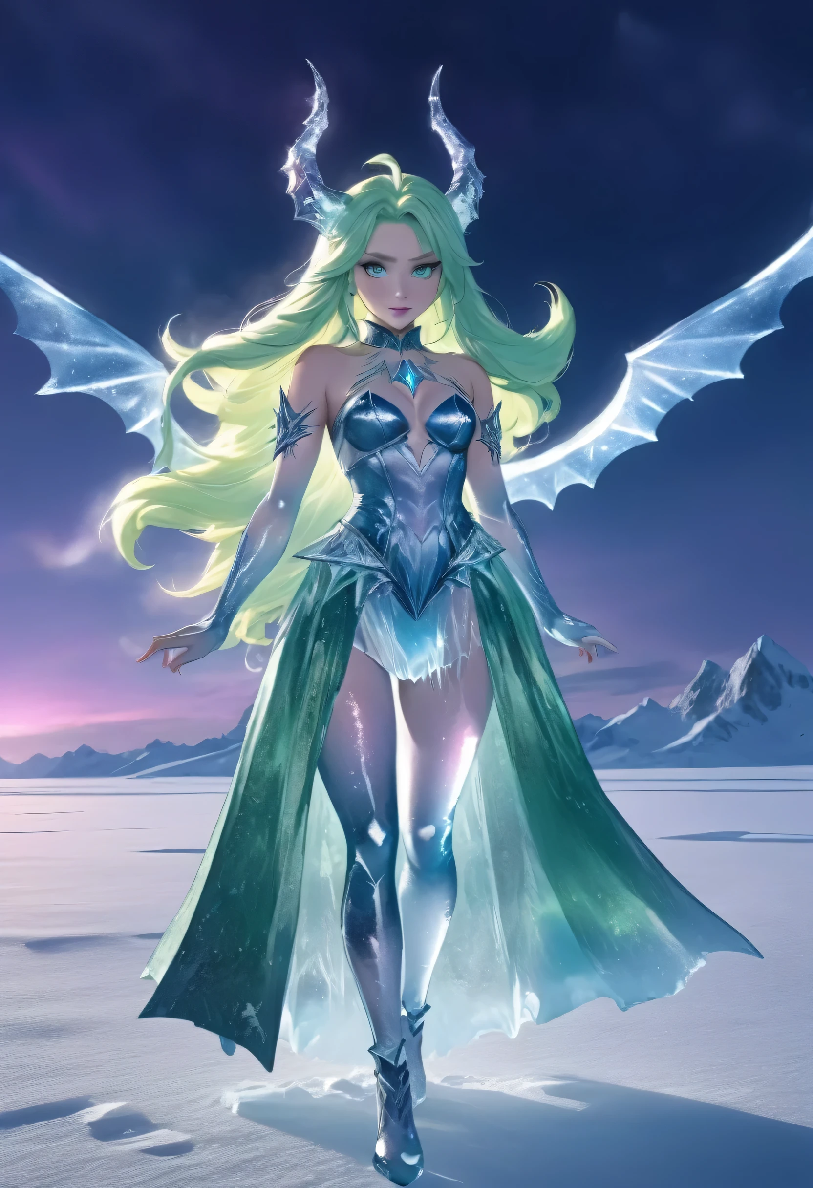 (8k, highest quality, masterpiece: 1.2), (realistic, realistic: 1.37), Super detailed, an ice female demon、Standing in the frozen snow field、Witch wearing pale armor, ((sexy costume:1)), SEXY female devil, ((aurora in the night sky)), 