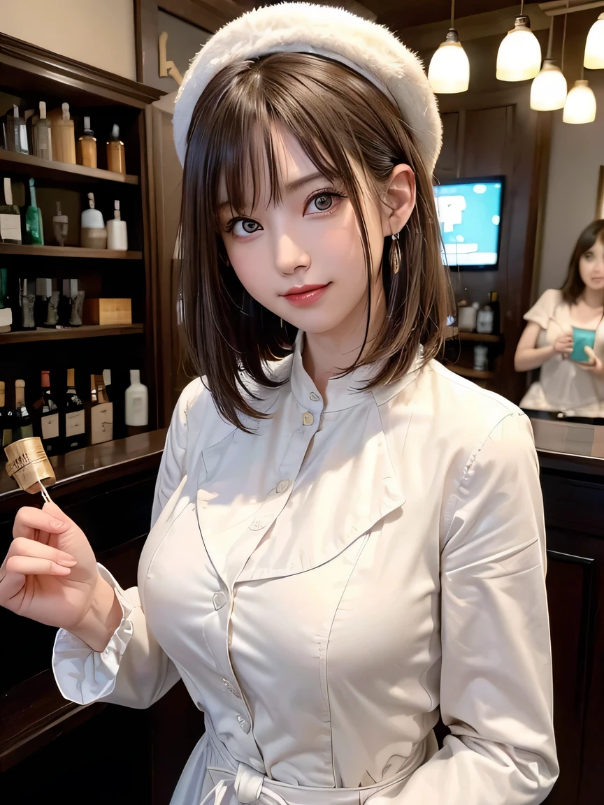 (highest quality:1.4、Add intense highlights to your eyes:1.4、short and shiny hair:1.4 )、1 girl、alone、short black hair、scarf、light brown eyes、droopy eyes:1.5、short hair、Jacket、coat、Winter clothes、hat、lips、lip gloss:1.4、bangs、closed mouth、Big eyes、eyelash、((street))、((bangsのあるshort hair:1.4、Big eyes、Gives a very strong highlight to the eyes、thin waist、very beautiful beauty、show me your ears、long neck、beautiful teeth、smile a little、Please close your mouth and smile))、Beautiful adult woman full of charm:1.4、(Western bar counter。She is a bartender、Watching the guests while skillfully pouring the whiskey、)、(The woman is looking straight into the camera lens)、perfect ???????