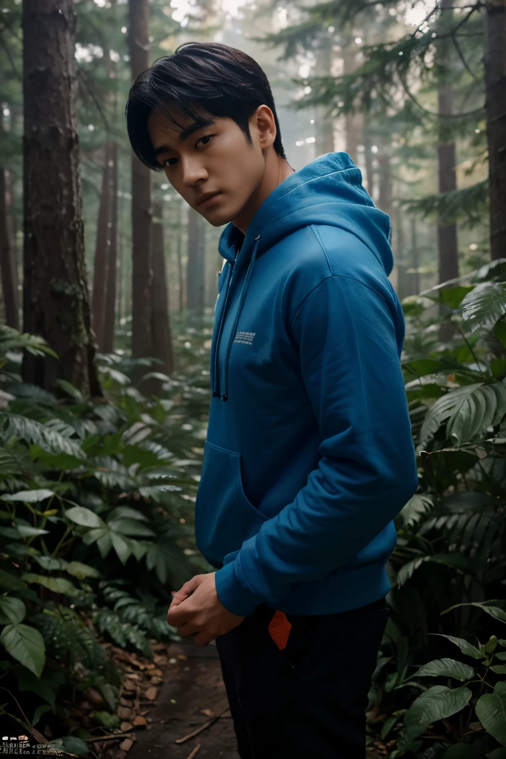 arafed image of a young man in a blue hoodie standing in a forest, jinyoung shin, inspired by Zhang Han, inspired by Joong Keun Lee, inspired by Kim Myeong-guk, inspired by Yeong-Hao Han, artwork in the style of guweiz, siwoo kim, inspired by Kim Hwan-gi, portrait of kpop idol