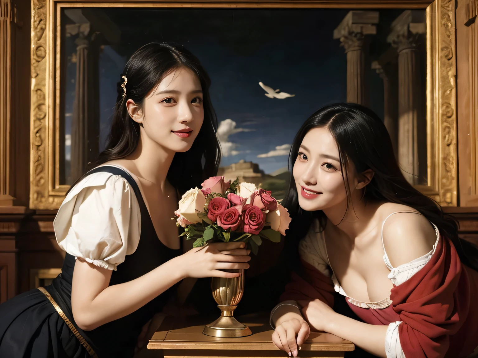 Giorgione painting style,Arguments of two female Philosophe,math、astronomical machine、astronaut、roses in vase、fruits、Cute trinkets、smile、ancient greek costume、Ancient Roman landscape in the style of Nicolas Poussin,laughter,,Sweet and seductive appearance.、Caravaggio's paintings、Chiaroscuro of Caravaggio、hair tousled by the wind,Two women frolicking,cute smile, expression of ecstasy,Sexy,erotic