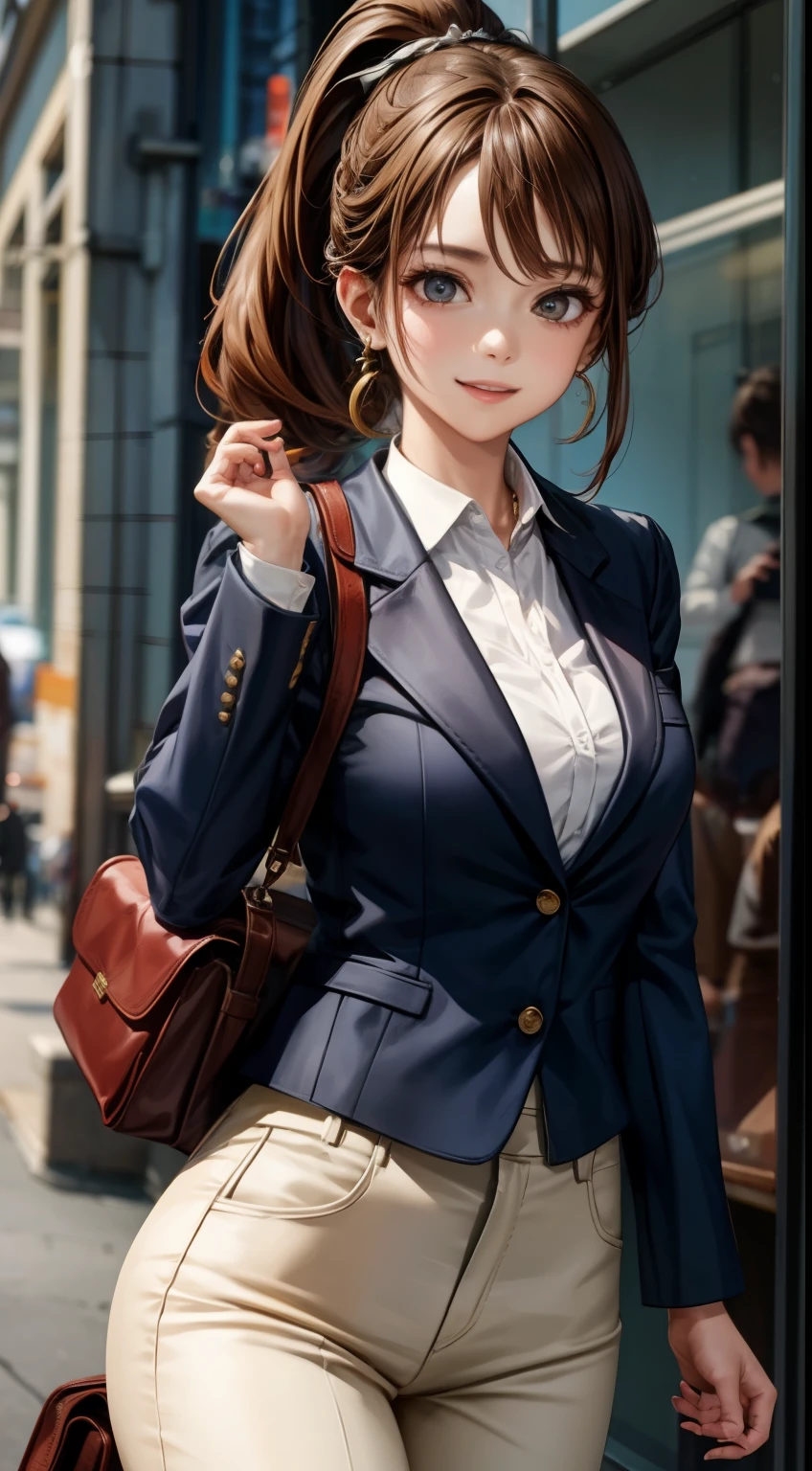 anime「Shingeki Giant」Shasa of, shoulder length hair, brown hair, ponytail, beautiful, beautiful woman, perfect body, perfect breasts, Wearing a white formal shirt, black blazer, black pants, carrying a bag, wearing a watch, earrings wearing earrings, In public, Creatures of Tokyo city, Being on the street, Look at the viewer with a slight smile, realism, masterpiece, textured leather, Super detailed, high detail, high quality, 最high quality, 1080p, 16k