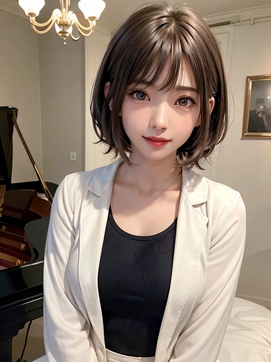 (highest quality:1.4、Add intense highlights to your eyes:1.4、short and shiny hair:1.4 )、1 girl、alone、short black hair、scarf、light brown eyes、droopy eyes:1.5、short hair、Jacket、coat、Winter clothes、hat、lips、lip gloss:1.4、bangs、closed mouth、Big eyes、eyelash、((street))、((bangsのあるshort hair:1.4、Big eyes、Gives a very strong highlight to the eyes、thin waist、very beautiful beauty、show me your ears、long neck、beautiful teeth、smile a little、Please close your mouth and smile))、Beautiful adult woman full of charm:1.4、(A woman standing on a grand piano。From the living room surrounded by luxurious furniture、There is a relaxed atmosphere、)、(The woman is looking straight into the camera lens)、perfect anatomy