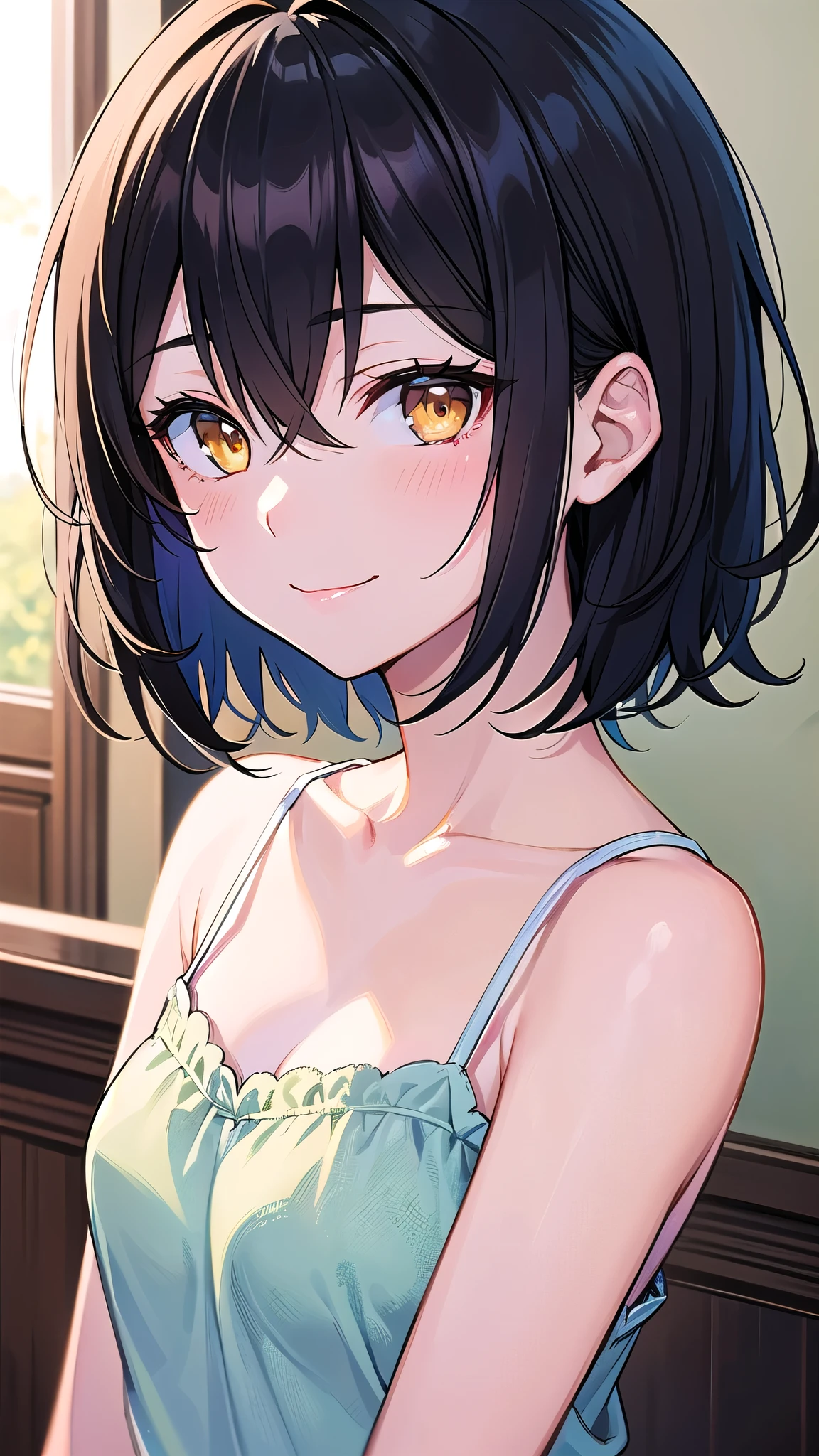 (masterpiece), (highest quality), (Super detailed), (beautiful illustrations), (pretty girl), 1 girl, smile, Upper body, front, Close-up, to close range, black hair, short hair, bangs, hair between eyes, beautiful hair, かき上げたbangs, yellow eyes, shining eyes, ************, camisole,