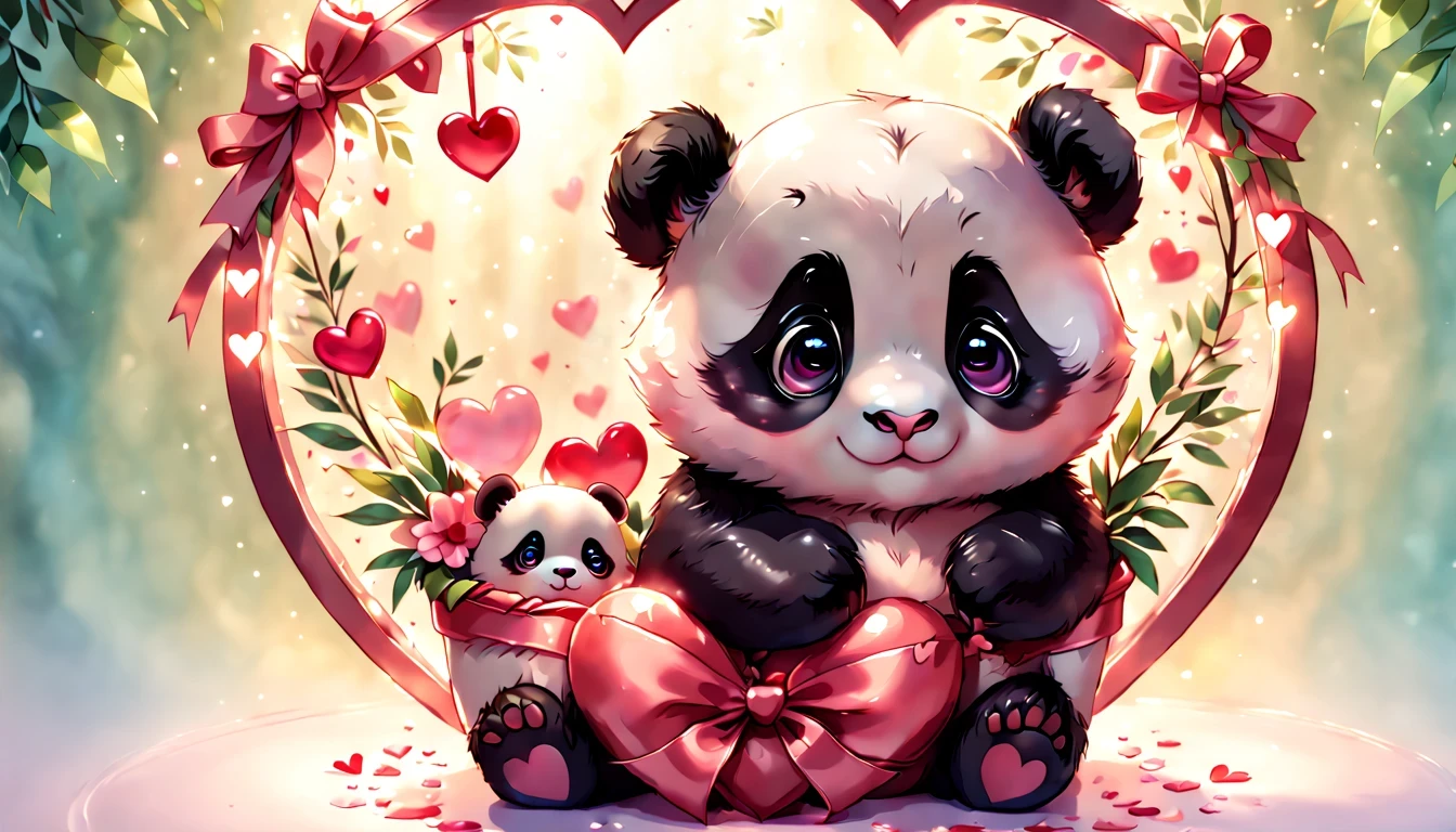 best quality fantasy art of an adorable baby panda, ribbon, heart, light bokeh, kawaii Valentine scene
