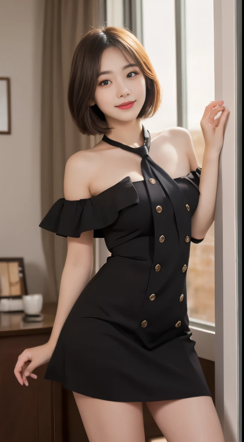 masterpiece, Best Quality, Illustration, Ultra-detailed, finely detail, high resolution, 8K Wallpaper, Perfect dynamic composition, (Beautiful detailed eyes:1.1), Ribon tie, High , frilled miniskirt, Wavy short bob hair, (huge-breasted:1.2), Bold sexy poses, Smile, School, a 18 year old girl, (Cute 1.3), Sexy shot looking at camera, Sunset, by the window, Summer, Light makeup