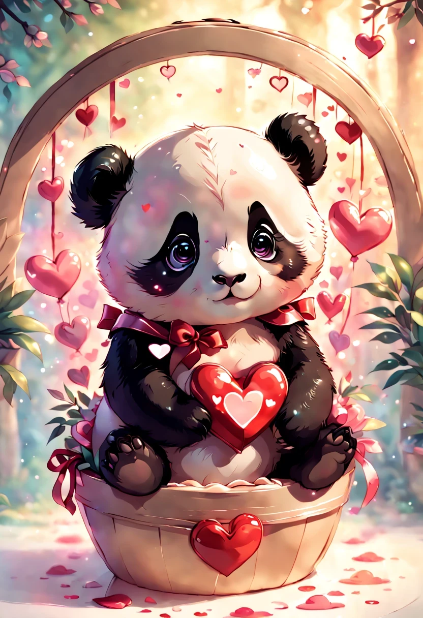 best quality fantasy art of an adorable baby panda, ribbon, heart, light bokeh, kawaii Valentine scene
