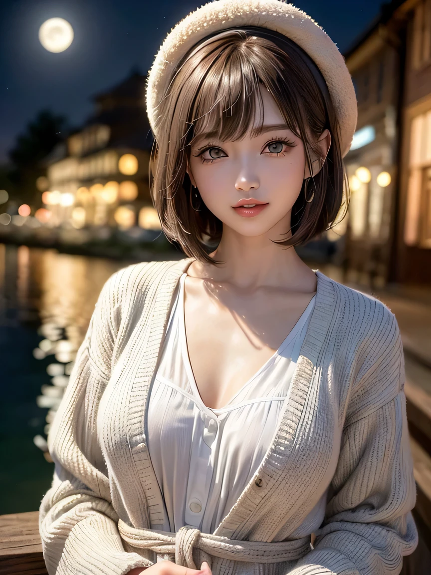 (highest quality:1.4、Add intense highlights to your eyes:1.4、short and shiny hair:1.4 )、1 girl、alone、short black hair、scarf、light brown eyes、droopy eyes:1.5、short hair、Jacket、coat、Winter clothes、hat、lips、lip gloss:1.4、bangs、closed mouth、Big eyes、eyelash、((street))、((bangsのあるshort hair:1.4、Big eyes、Gives a very strong highlight to the eyes、thin waist、very beautiful beauty、show me your ears、long neck、beautiful teeth、smile a little、Please close your mouth and smile))、Beautiful adult woman full of charm:1.4、(A woman standing by the lake at night with an impressive moon。The moon is reflected on the water surface、Faintly wood々It is a fantastic view where you can see the sparkle of、)、(The woman is looking straight into the camera lens)、perfect ???????