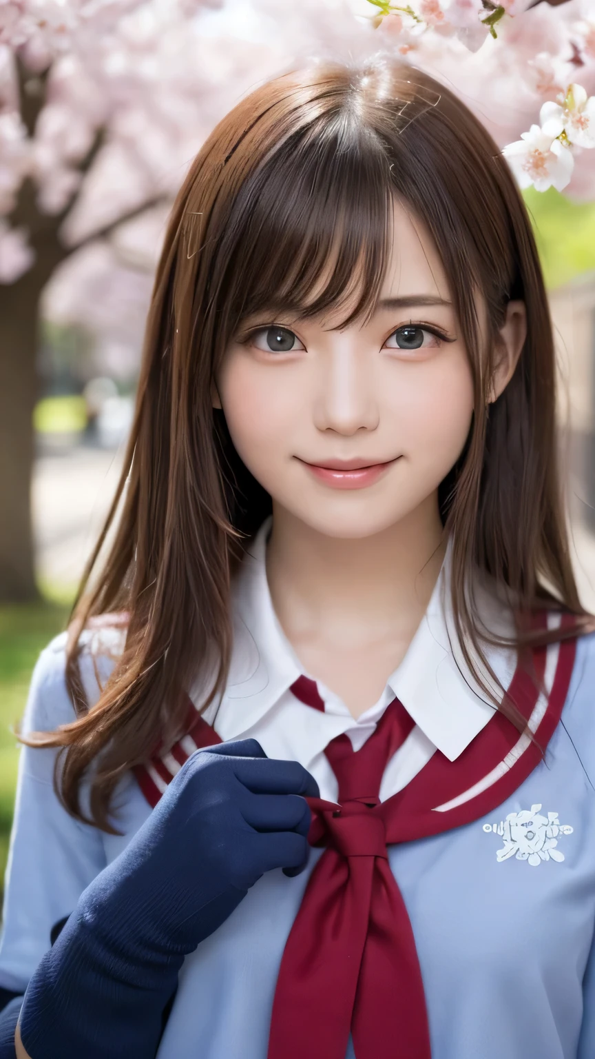 one girl, (a beauty girl, delicate girl:1.3), (18-year-old:1.3),
break, (spring, cute uniform:1.3),
break, (Street view:1.3), (cherry blossoms fall:1.3), (wool gloves), perfectly trimmed fingers,
break, very fine resolution, (symmetrical eyes:1.3),
break, small breasts, brown eyes, parted bangs, brown hair, girl,
break, (Eye and face details:1.0), (get closer to the face, enlarge the face, face focus:1.0),close up of face,
break, (masterpiece, highest quality, Super detailed, detailed face, 8K),SakuraFubuki,cherry blossom petals,smile,random pose、blue eyes、white gloves,ponytail、SakuraFubuki、gloves、break,dynamic pose,smile、horizontally in front of your face、beautiful hands、correct movement
