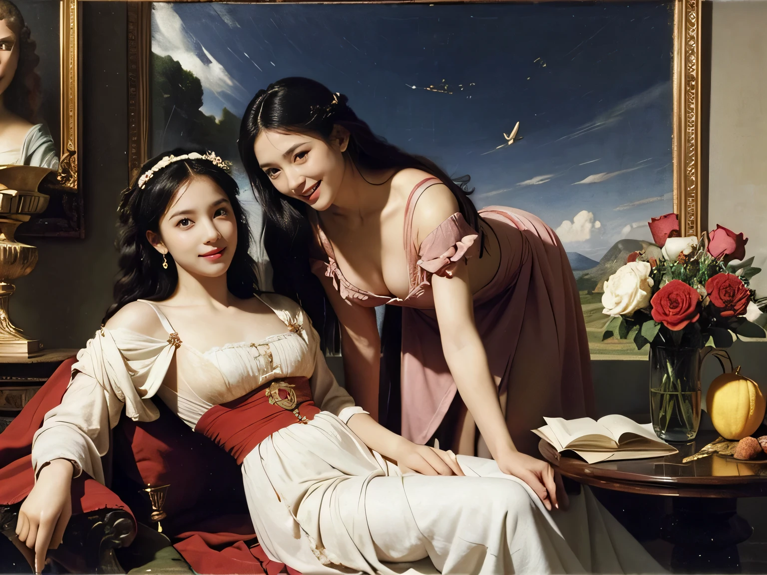 Giorgione painting style,Arguments of two female Philosophe,math、astronomical machine、astronaut、roses in vase、fruits、Cute trinkets、smile、ancient greek costume、Ancient Roman landscape in the style of Nicolas Poussin,laughter,,Sweet and seductive appearance.、Caravaggio's paintings、Chiaroscuro of Caravaggio、hair tousled by the wind,Two women frolicking,cute smile, expression of ecstasy,Sexy,erotic