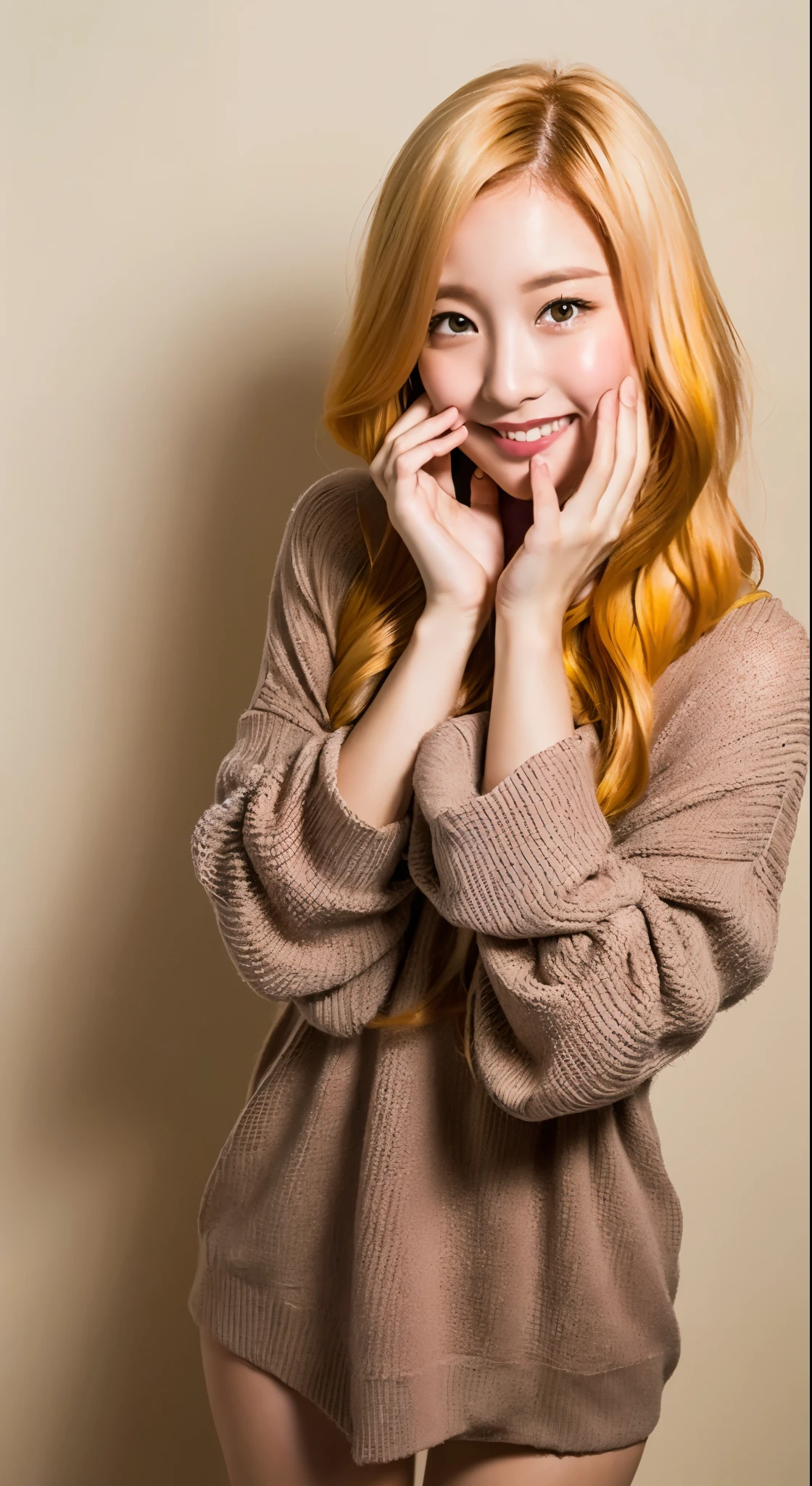 Nsfw、nude、No clothes、(((1 girl))), ((((alone)))), ((messy hairstyle)), stand and take a photo, (((reddish yellow hair)), red eyes、shy smile、((Put your hand over your mouth to hide your embarrassment))、blush
