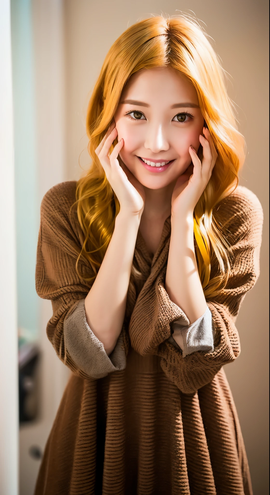 Nsfw、nude、No clothes、(((1 girl))), ((((alone)))), ((messy hairstyle)), stand and take a photo, (((reddish yellow hair)), red eyes、shy smile、((Put your hand over your mouth to hide your embarrassment))、blush