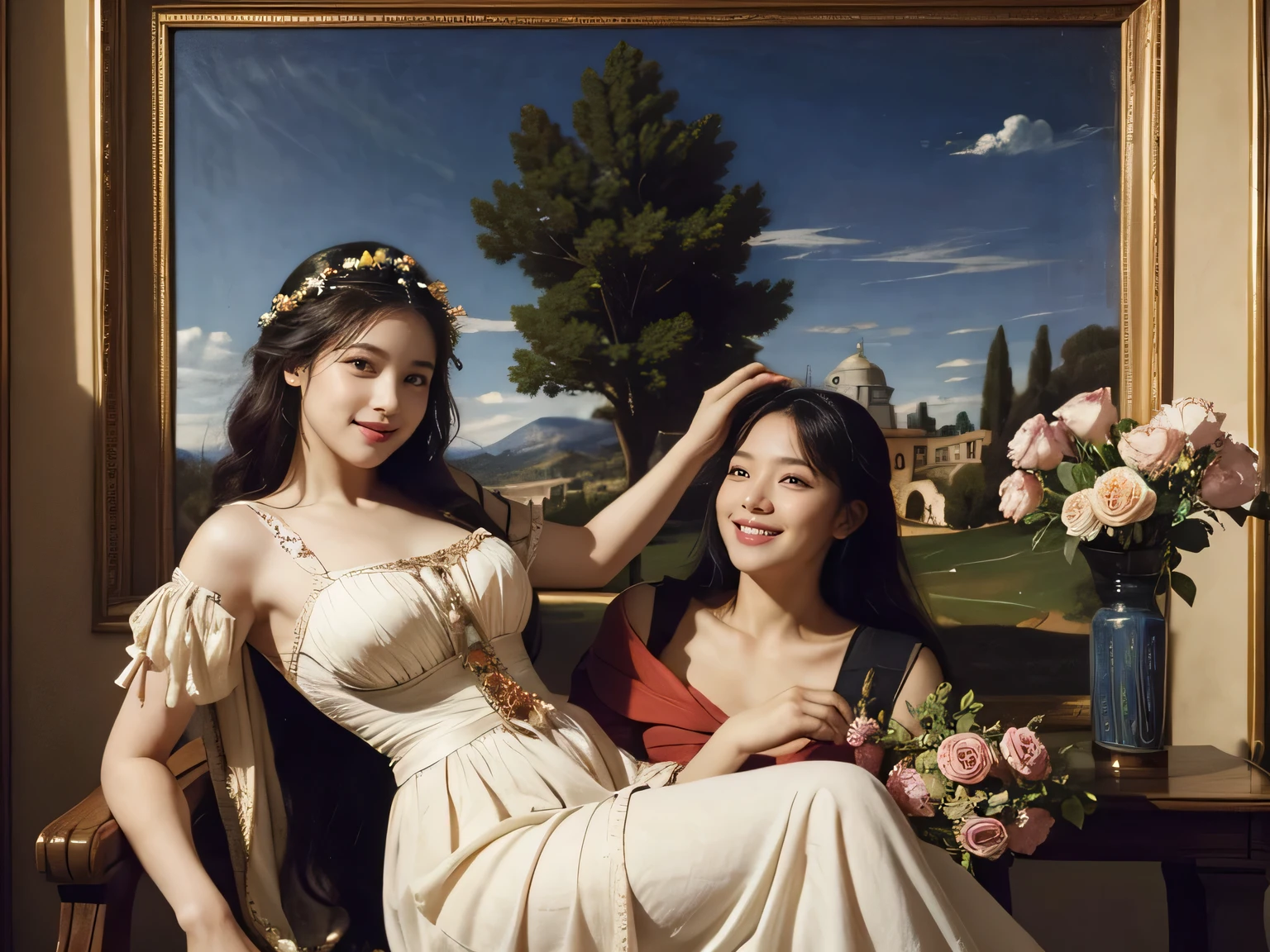 Giorgione painting style,Arguments of two female Philosophe,math、astronomical machine、astronaut、roses in vase、fruits、Cute trinkets、smile、ancient greek costume、Ancient Roman landscape in the style of Nicolas Poussin,laughter,,Sweet and seductive appearance.、Caravaggio's paintings、Chiaroscuro of Caravaggio、hair tousled by the wind,Two women frolicking,cute smile, expression of ecstasy,Sexy,erotic