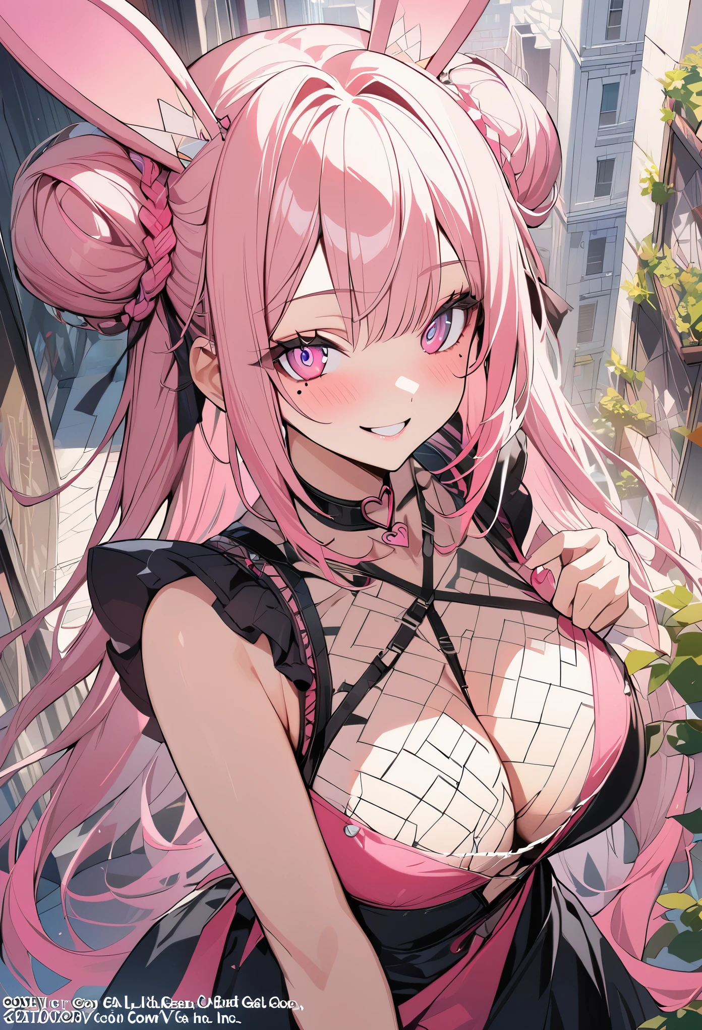 1 girl, pink long bun hair, heart shaped eyes, ♡, rabbit ears、Idol, {girl with pink long bun hair named Nami}, (Pink eye color), {downtown}, (smile), bright background , mole under eye, heart shaped choker, (masterpiece, highest quality), very detailed, highest quality, official art, beautiful and aesthetic: 1.2), (1 girl), very detailed, (geometry art: 1.3), colorful, most detailed ?d1 girl, pink long bun hair, Eye of the symbol, +__+, big breasts, gothic costume, {A girl with long pink bun hair named Nami}, (Pink eye color), {downtown}, (smile), bright background, （garden,beautiful flower々）,mole under eye, heart shaped choker, (masterpiece, highest quality), official art, beautiful and aesthetic: 1.2), (1 girl), very detailed, (geometry art: 1.3), colorful