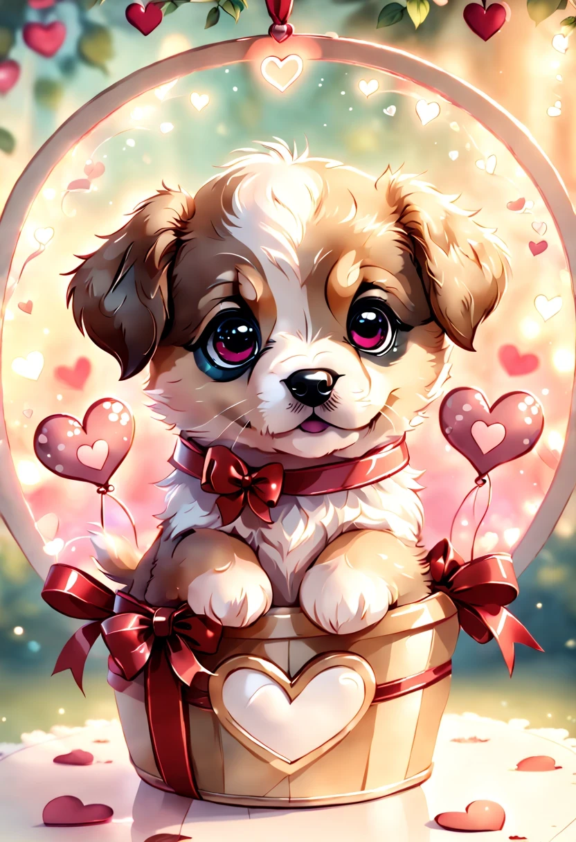 best quality fantasy art of an adorable baby puppy, ribbon, heart, light bokeh, kawaii Valentine scene