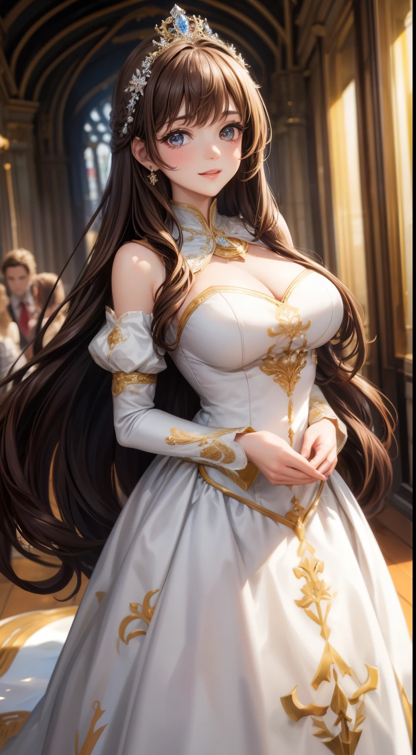 Princess, beautiful girl, white gold dress, gown dress, young adult, 20 years, brown hair, beautiful long hair, brown eyes, beautiful eyes, big breasts, light smile, masterpiece, royal banquet, royal background,