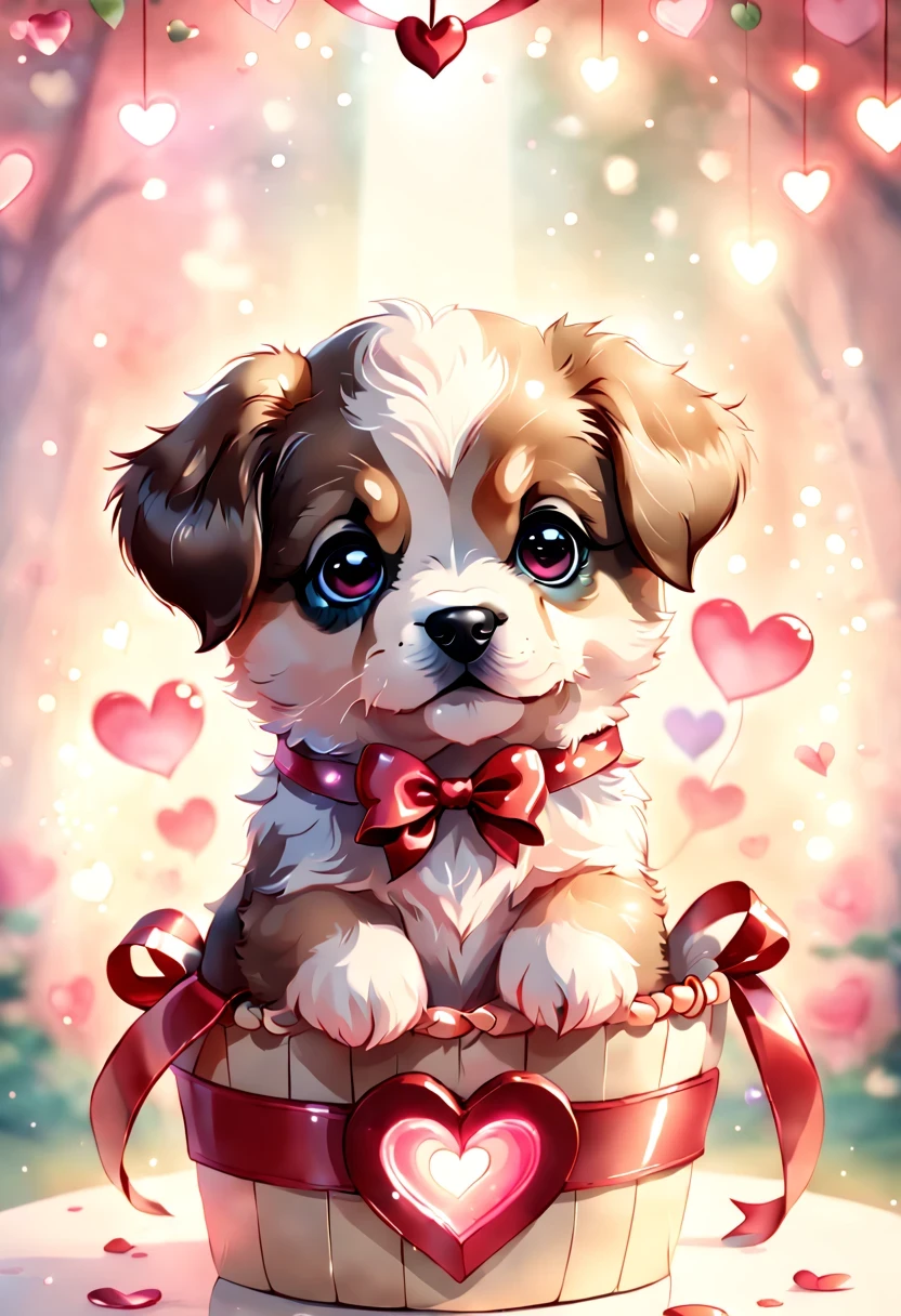 best quality fantasy art of an adorable baby puppy, ribbon, heart, light bokeh, kawaii Valentine scene