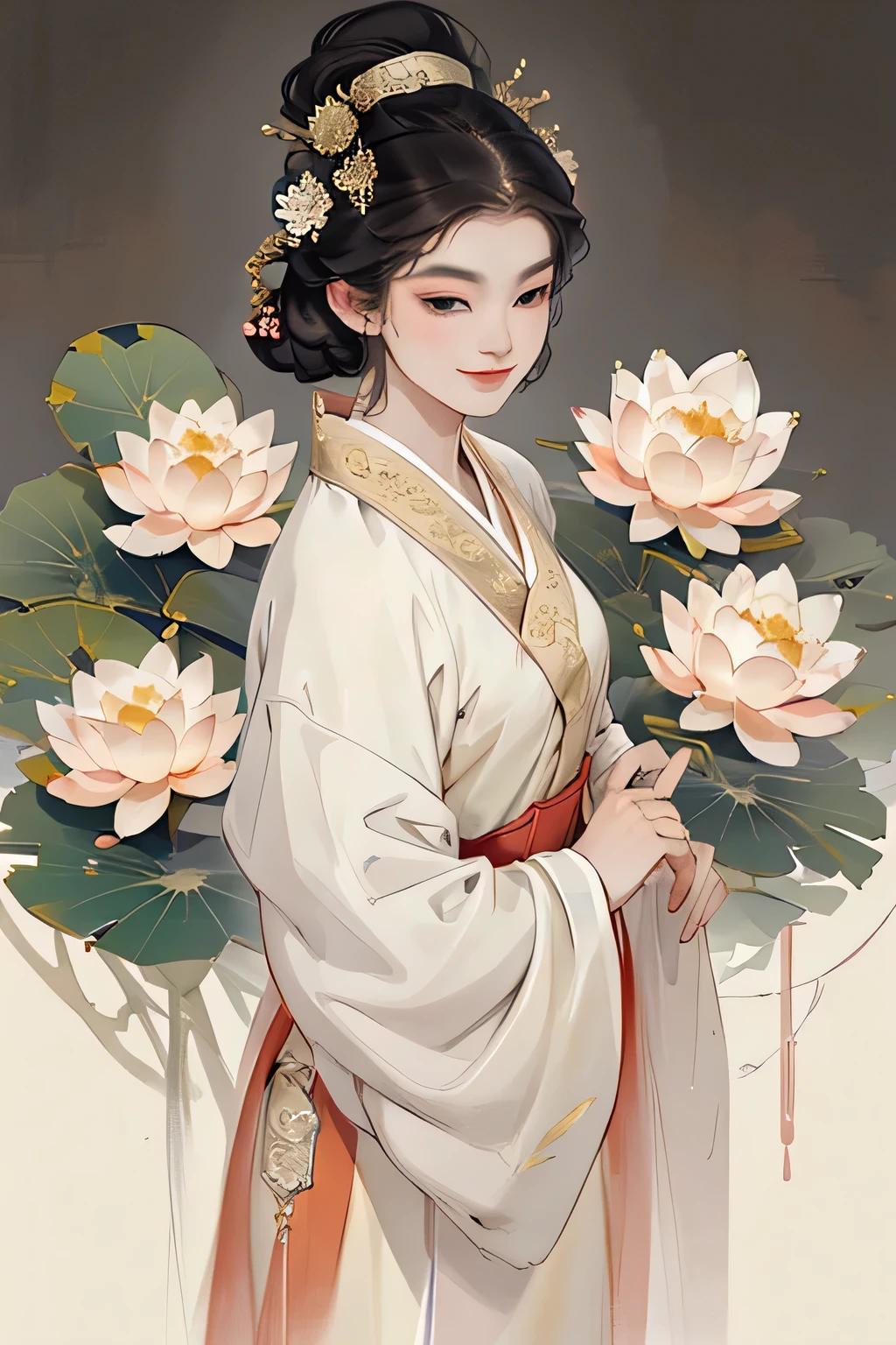 An ancient  Chinese beauty, wearing ancient Chinese clothing, smiling, flowing tulle, light silk, lazy pose, big lotus leaf, lotus flower, ink painting style, clean color, decisive cut, blank space, masterpiece, super detailed , epic composition, hidden hand in sleeve