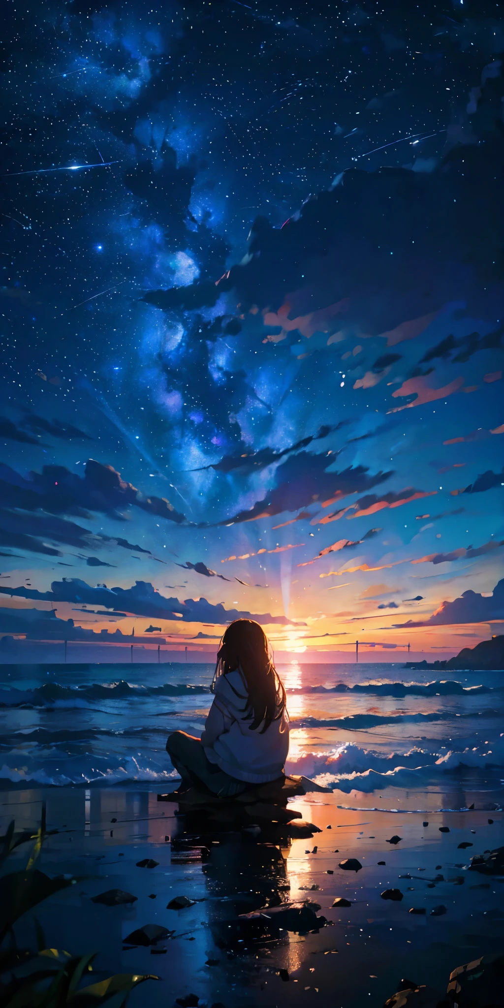 octans, 1girl, solo, long hair, sitting, scenery, starry sky, outdoors, sea, beach, cloud, milky way, tree, best quality, 8K