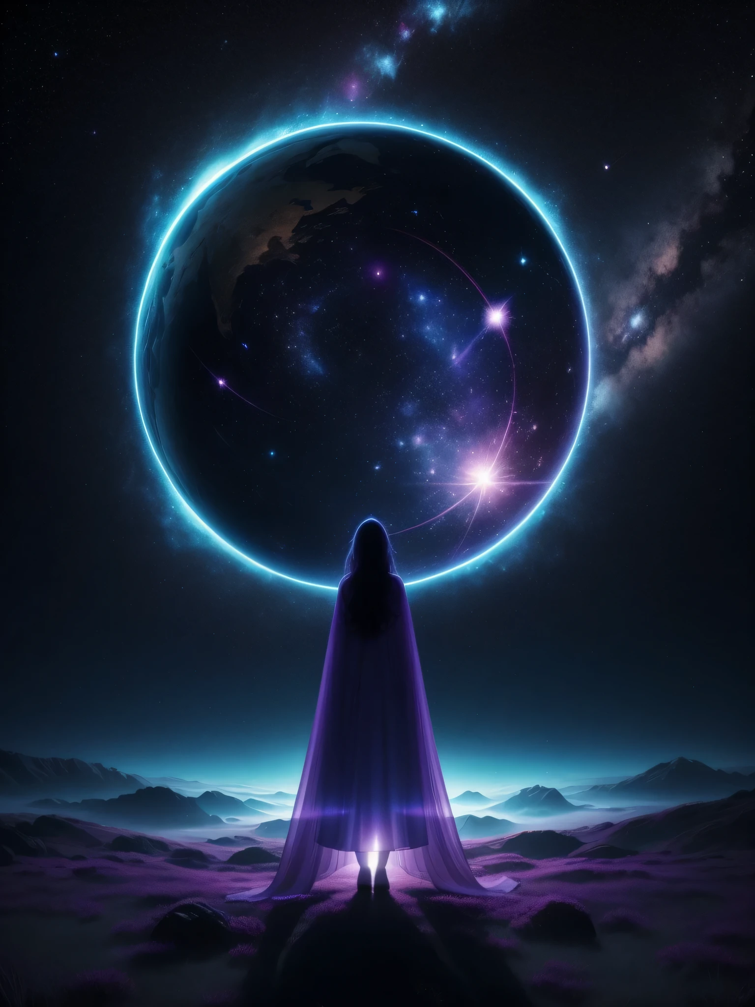 "please, Create an image that represents the fusion of the human heart with the supernatural realm and the vastness of the universe. Imagine an ethereal and mysterious scene. in the center of the image, The human heart shines with soft light, sparkling. My heart seems to be floating in translucent mist, Evoke a sense of mystery and transcendence. from the bottom of my heart, emits a series of projections, Each represents a unique aspect. Some projections take the form of natural elements, Like branches, petals or dancing flames, Evoke a deep connection to the natural realm. Other projections extend into outer space, Turn into bright constellations, Distant galaxies or meteor rays. These cosmic projections symbolize the expansion of human emotions beyond the limits of Earth, Connect the vast universe. Color palette includes sky blue shades, Deep purple and gold, Create a magical and spiritual atmosphere. Soft light from the heart and projection creates a feeling of peace and awe. The resulting images capture the thoughts of the human mind that transcends the boundaries of the planet, Explore the realm of the supernatural and the universe. The fusion of human and divine creates a visual narrative,Evoking the exploration of our deepest emotional connections,And expand its essence into the vast universe。." I hope this tip is useful for creating the images you imagined!