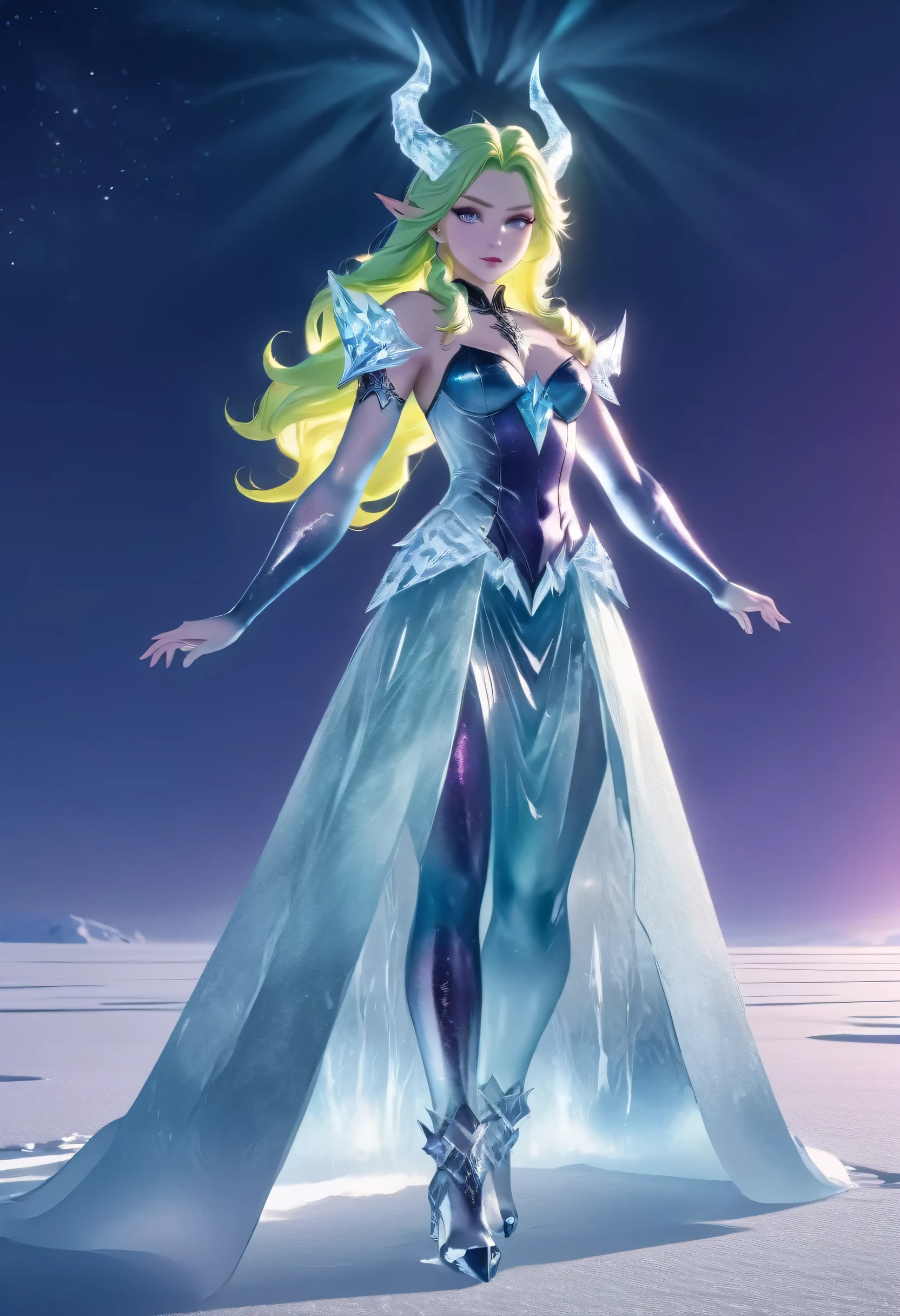 (8k, highest quality, masterpiece: 1.2), (realistic, realistic: 1.37), Super detailed, an ice female demon、Standing in the frozen snow field、Witch wearing pale armor, ((sexy costume:1)), SEXY female devil, ((aurora in the night sky)), 
