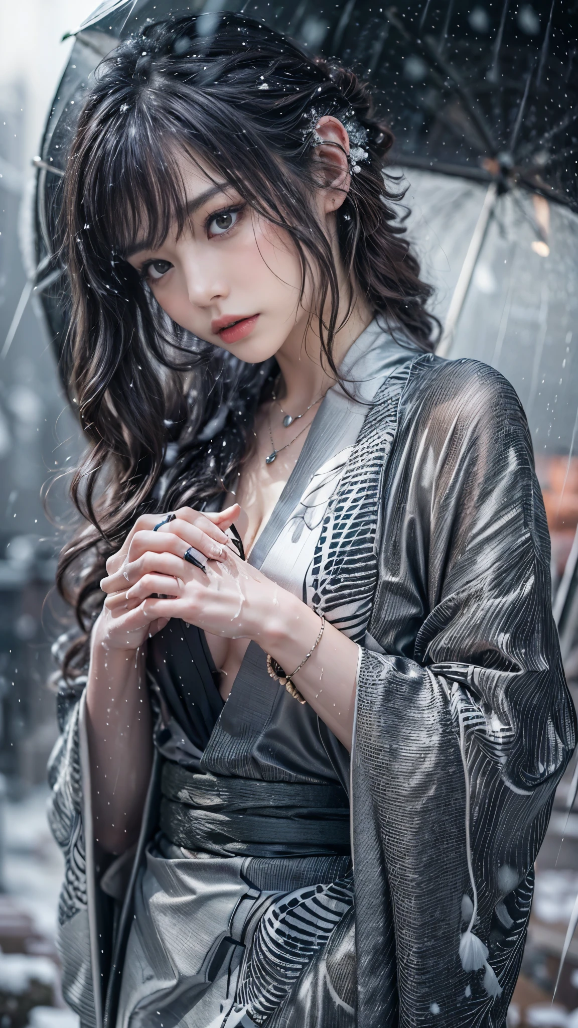 (RAW shooting, Photoreal:1.5, 8K, highest quality, masterpiece, ultra high resolution), ((((heavy snow, Blizzard)))), Highly detailed skin and facial textures:1.2, perfect dynamic composition:1.2, (In front of a shrine at night in a modern city, expression of sadness:0.9, Tears are flowing:0.9, cry with a broken heart:0.9), Slim office lady wet in the rain:1.3, cowboy shot, Fair skin:1.2, sexy beauty:1.1, perfect style:1.2, beautiful and aesthetic:1.1, very beautiful face:1.2, water droplets on the skin, Professional kimono dressing, (rain drips all over my body:1.2, wet body:1.2, wet hair:1.3), (Holding a bouquet of wet lilies:1.2, Wearing a wet silver kimono correctly:1.3), (Medium chest, Bra is transparent, Chest gap), Eyes that feel beautiful eros:0.9, Too erotic:0.9, Bewitching:0.9, necklace, earrings, bracelet, wedding ring, Highly detailed hand and finger expressions