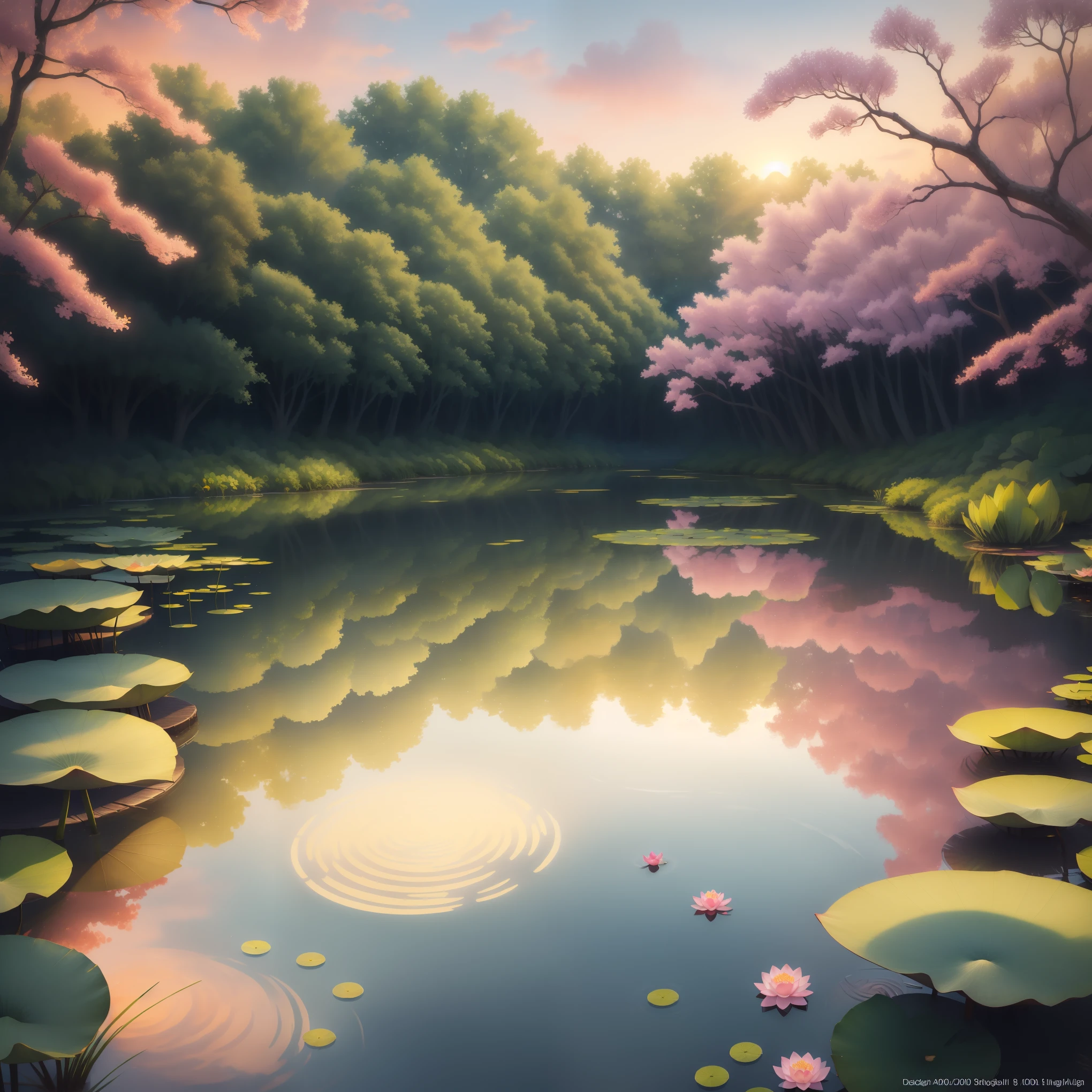 A pond at dusk, sun setting, shimmering water surface, blooming lotus flowers, frog croaking, gentle breeze, fish swimming, swaying lotus leaves, evening glow in the sky, gradually darkening sky, willow trees swaying, lush grass, picturesque scenery, tranquil and serene,illustrated,watercolor,highres,masterpiece:1.2,ultra-detailed,realistic,studio lighting,professional,vivid colors,pastel colors,soft lighting,peaceful