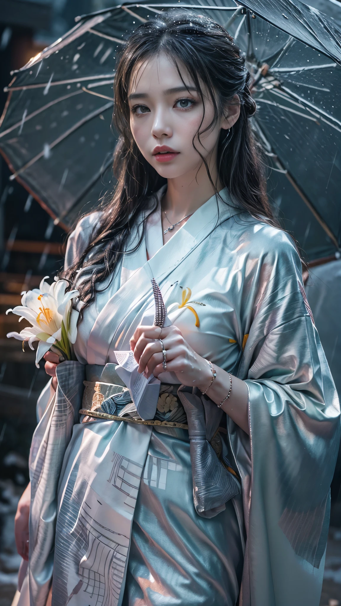 (RAW shooting, Photoreal:1.5, 8K, highest quality, masterpiece, ultra high resolution), ((((heavy snow, Blizzard)))), Highly detailed skin and facial textures:1.2, perfect dynamic composition:1.2, (In front of a shrine at night in a modern city, expression of sadness:0.9, Tears are flowing:0.9, cry with a broken heart:0.9), Slim office lady wet in the rain:1.3, cowboy shot, Fair skin:1.2, sexy beauty:1.1, perfect style:1.2, beautiful and aesthetic:1.1, very beautiful face:1.2, water droplets on the skin, (rain drips all over my body:1.2, wet body:1.2, wet hair:1.3), (Holding a bouquet of wet lilies:1.2, Professional kimono dressing, Wearing a wet silver kimono correctly:1.45), (Medium chest, Bra see-through, Chest gap), Eyes that feel beautiful eros:0.9, Too erotic:0.9, Bewitching:0.9, necklace, earrings, bracelet, wedding ring, Highly detailed hand and finger expressions