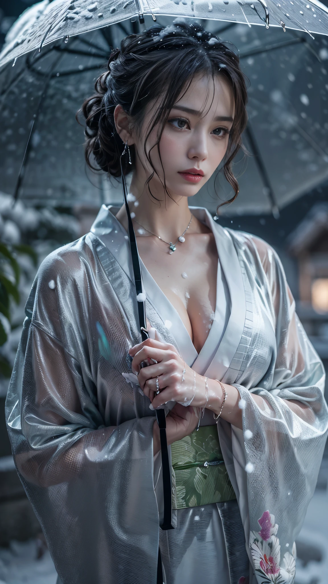 (RAW shooting, Photoreal:1.5, 8K, highest quality, masterpiece, ultra high resolution), ((((heavy snow, Blizzard)))), Highly detailed skin and facial textures:1.3, perfect dynamic composition:1.2, (In front of a shrine at night in a modern city, expression of sadness:1.0, Tears are flowing:1.0, cry with a broken heart:1.0), Slim office lady wet in the rain:1.3, cowboy shot, Fair skin:1.2, sexy beauty:1.1, perfect style:1.2, beautiful and aesthetic:1.1, very beautiful face:1.2, water droplets on the skin, (rain drips all over my body:1.2, wet body:1.2, wet hair:1.3), (Professional kimono dressing:1.1, Holding a bouquet of wet lilies:1.2, Wearing a wet silver kimono correctly:1.3), (Medium chest, Bra see-through, Chest gap), (Eyes that feel beautiful eros:0.9, Too erotic:0.9, Bewitching:0.9), necklace, earrings, bracelet, wedding ring, Highly detailed hand and finger expressions