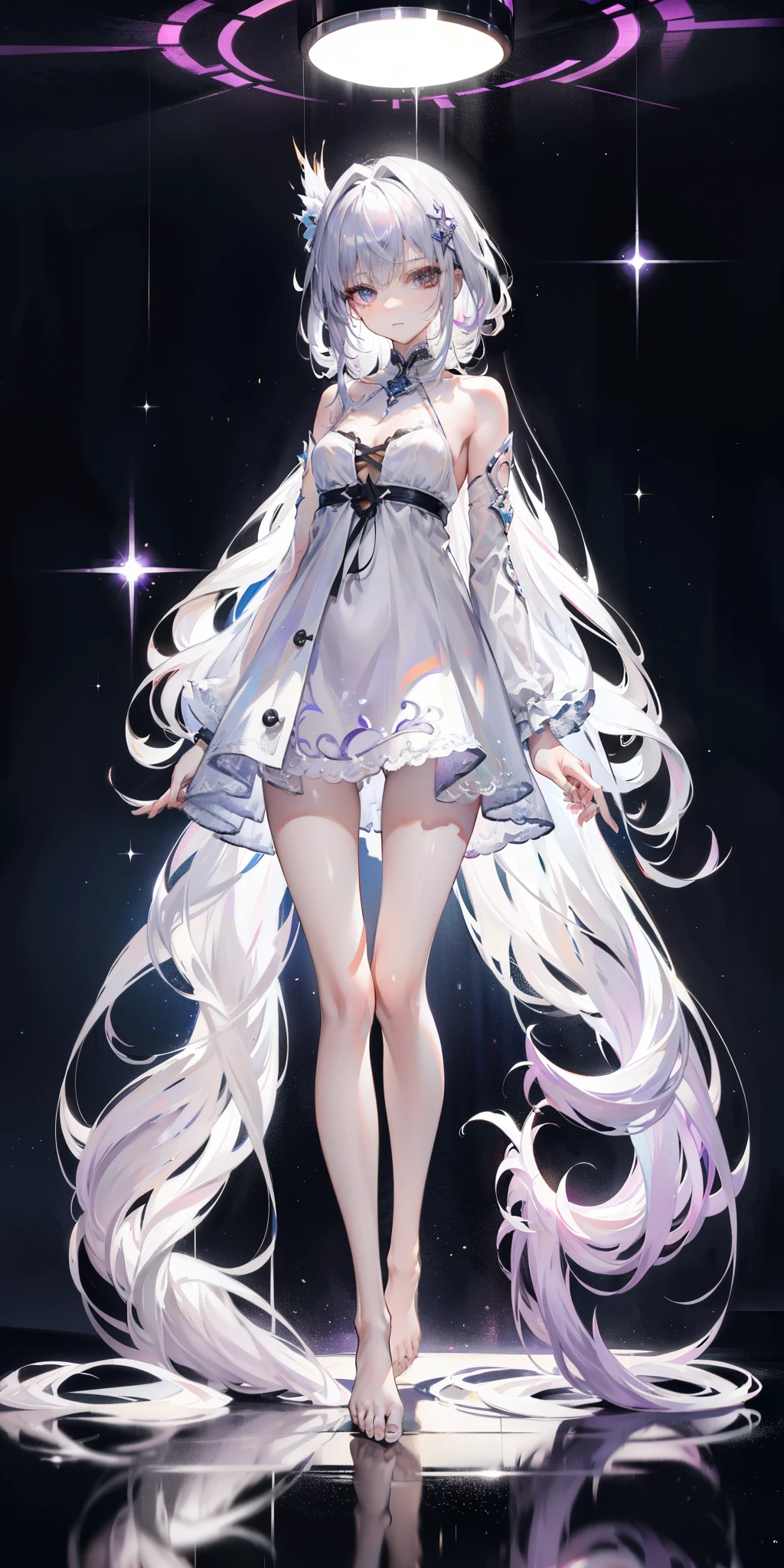Lilac gradient hair,asymmetrical hair,((Hair is very thick 1.8,Well-defined head 1.6)), Hair over the shoulders, messy hair, very long hair, shiny hair,(long gray hair:1.2),a beautiful girl,(Luxury Platinum Mini Ultra Short Platinum ta,Made of transparent material),(Transparent clothes transparent 1.8),Perfect body,big thin legs,slim,(看起来很sad,Looking haggard ,sad,shut your mouth:1.2) Against the backdrop of an unusually bright dark starry sky,(Put your hands behind your back),(round,Room, firm breasts),barefoot,float,water surface,(long legs,long legs,long legs,Gestalt),full-body shot。