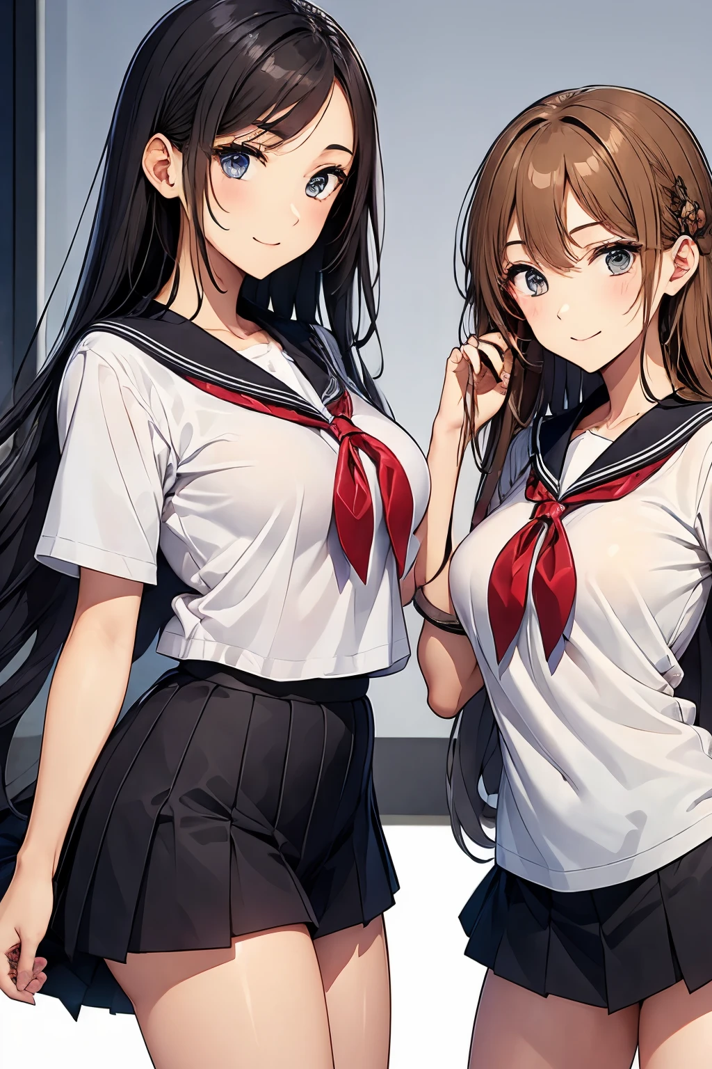 Two High School Girls、seductive smile、nsfw、grabbing breast