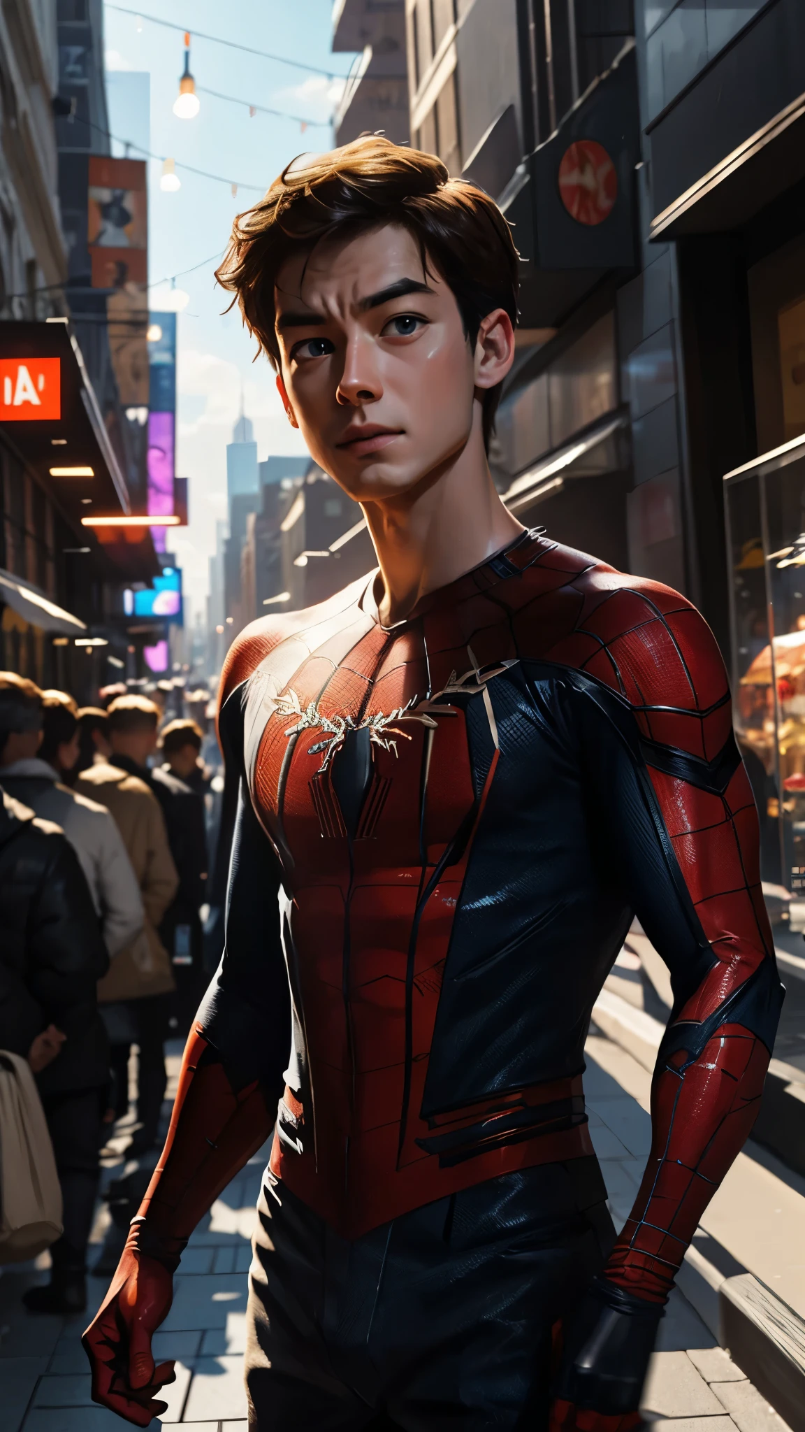 imagine prompt: With his eyes prominent, Marvel's Peter Parker is shown walking dancing in a busy street. The picture is made in Shounen anime style. hyper resolution in Shounen anime style. Colors are vibrant, with contrasting light and contrast. Peter parker eyes look at the center of the picture. Ultra HD, Hyper resolution. peter parker is visible in full size. sharp details