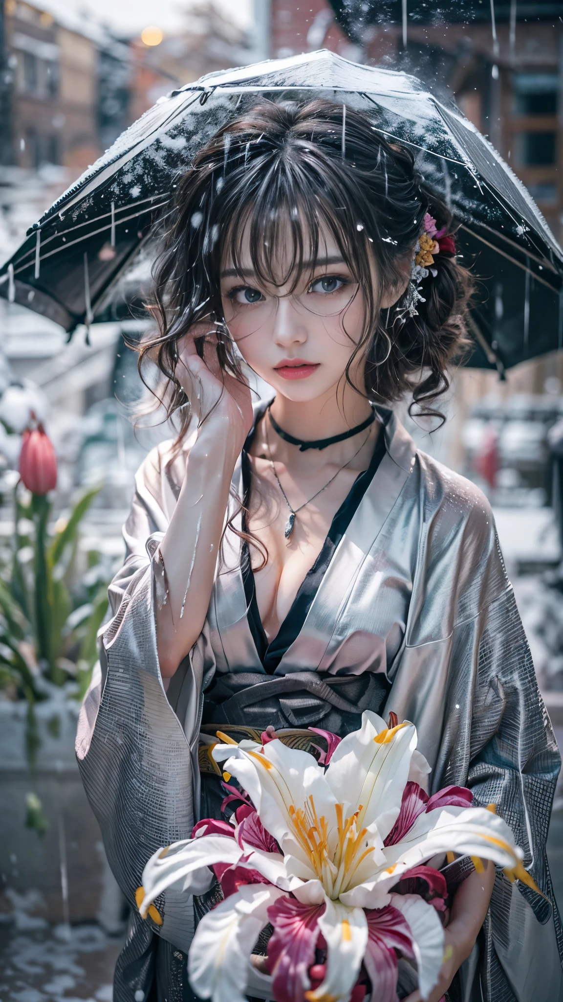 (RAW shooting, Photoreal:1.5, 8K, highest quality, masterpiece, ultra high resolution), ((((heavy snow, Blizzard)))), Highly detailed skin and facial textures:1.2, perfect dynamic composition:1.2, (In front of a shrine at night in a modern city, expression of sadness:0.9, Tears are flowing:0.9, cry with a broken heart:0.9), Slim office lady wet in the rain:1.3, cowboy shot, Fair skin:1.2, sexy beauty:1.1, perfect style:1.2, beautiful and aesthetic:1.1, very beautiful face:1.2, water droplets on the skin, (rain drips all over my body:1.2, wet body:1.2, wet hair:1.3), (Holding a bouquet of wet lilies:1.2, Professional kimono dressing, Wearing a wet silver kimono correctly:1.3), (Medium chest, Bra is transparent, Chest gap),  (Eyes that feel beautiful eros:0.9, Too erotic:0.9, Bewitching:0.9), necklace, earrings, bracelet, wedding ring, Highly detailed hand and finger expressions