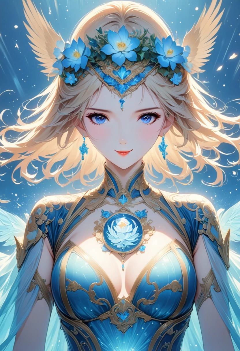 She has elegant blonde ponytails and striking blue cat eyes. Her attire exudes power and sophistication in a stylish pantsuit. She embodies the essence of a confident demon, radiating CEO-like confidence. Completing her enchanting aura, a pair of exquisite butterfly wings gracefully adorns her back.